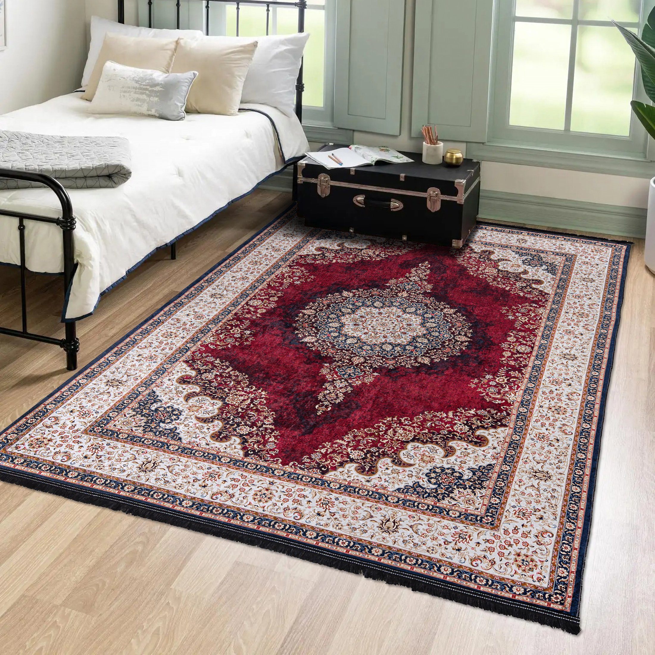 Orientteppich Orientalisch Vintage Teppich Traditioneller Orient Teppich, Mazovia, 80 x 150 cm, Kurflor, Waschbar in Waschmaschine, Höhe 5 mm, Rutschfest Rot / 36441