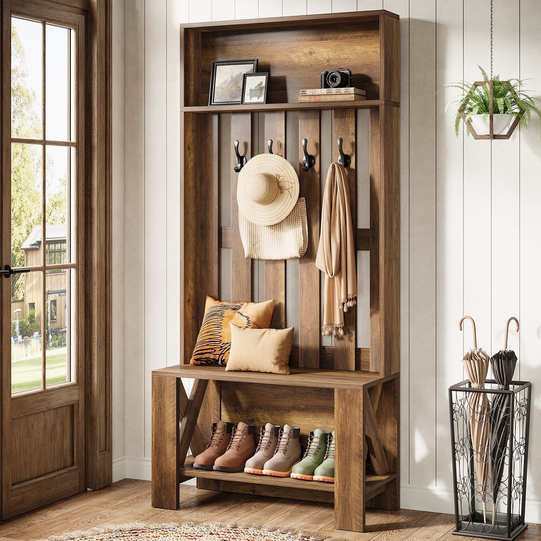 Tribesigns Garderobenständer Flurgarderobe mit Sitzbank und Schuhregal, Garderobenständer mit Haken, (Landhausstil Garderobe, 180 cm Hoch), all Tree mit Stauraum für Eingangsbereich, Diele und Flur