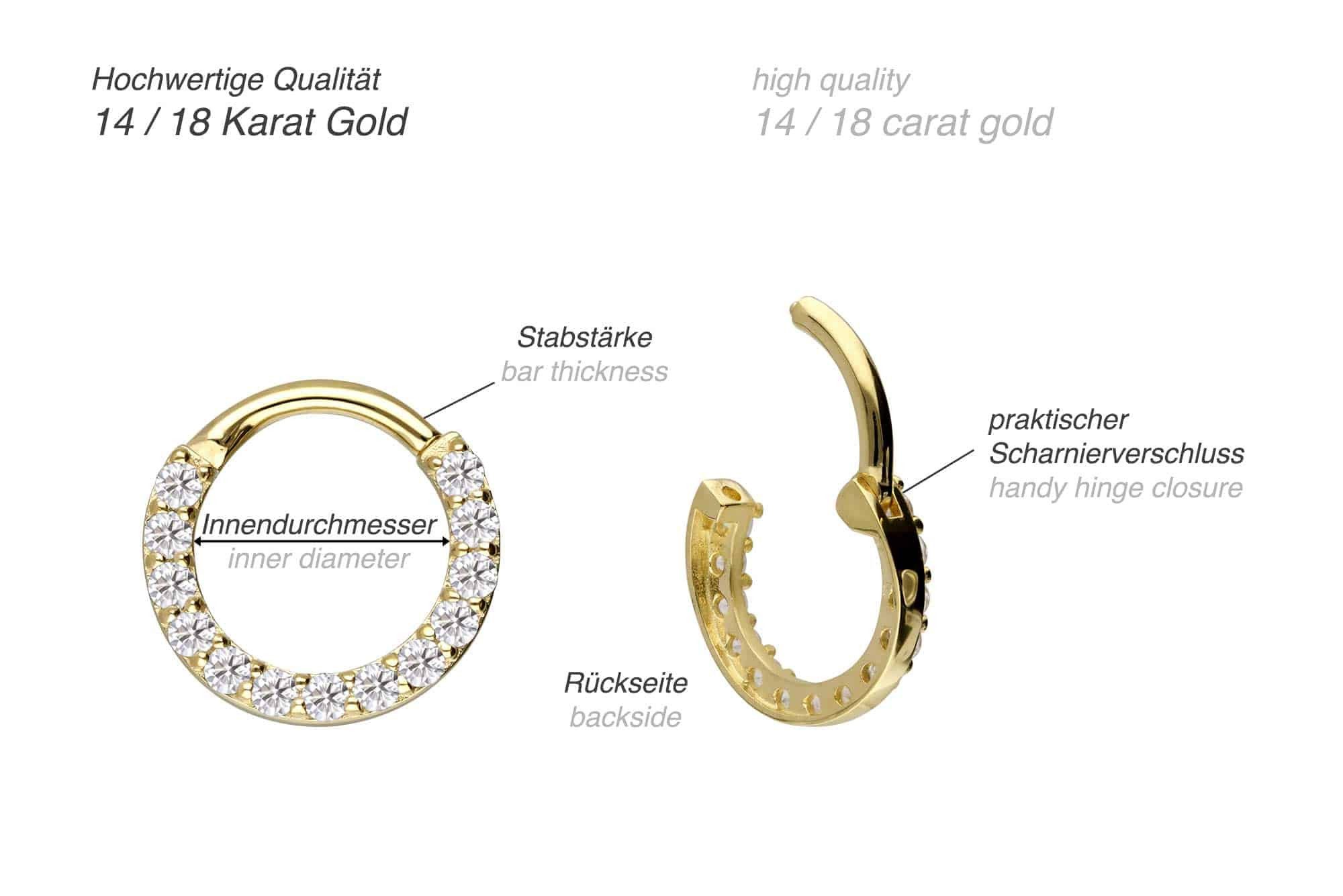 PIERCINGLINE Nasenpiercing 14/18 Karat Gold Segmentring Clicker EINGEFASSTE MOISSANITE (Clicker, 1-tlg), Ohrpiercing für Conch, Helix, Tragus, Daith, Lobe