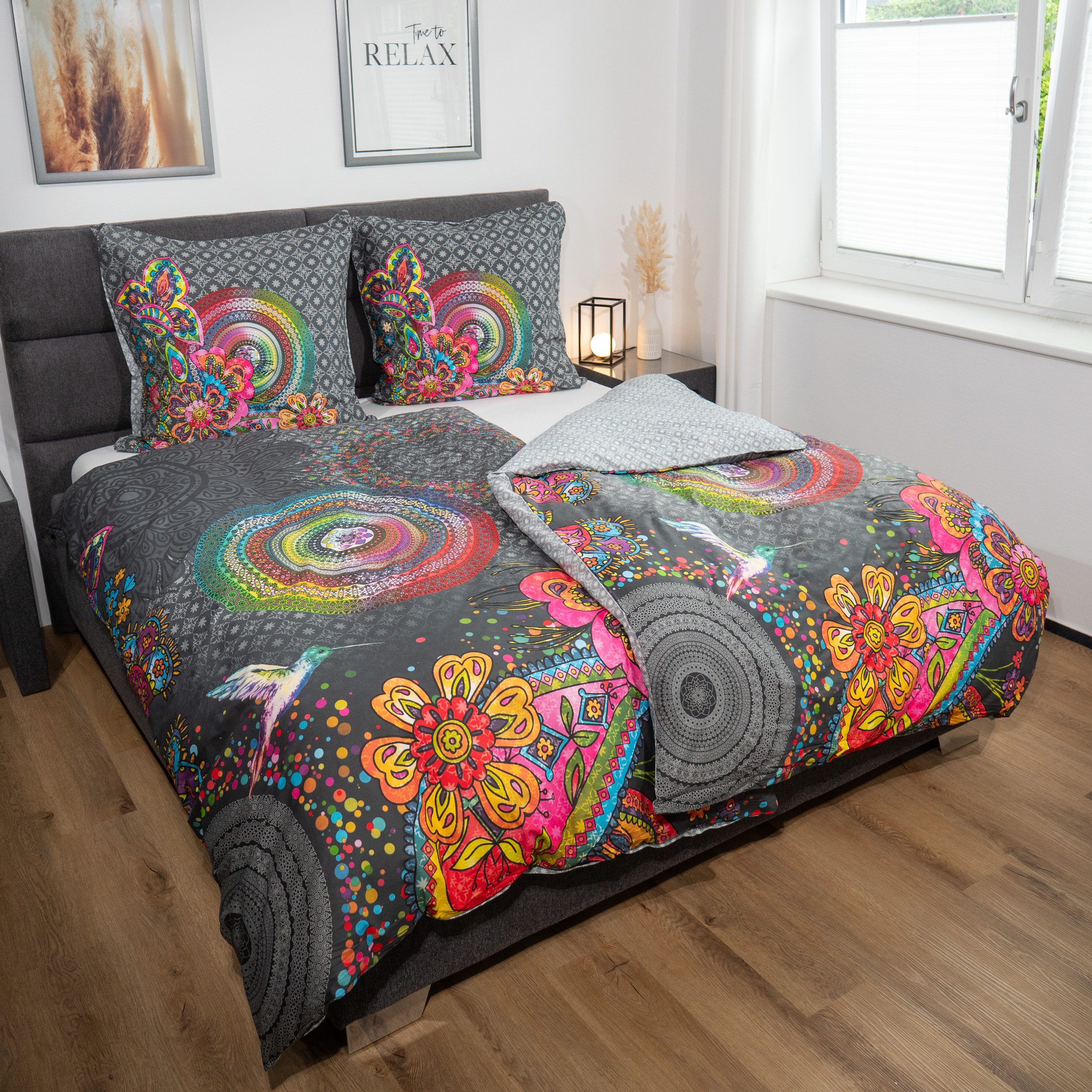 hip Bettwäsche Baumwolle, Renforcé, 2 teilig, bunte Mandalas auf grauem Hintergrund