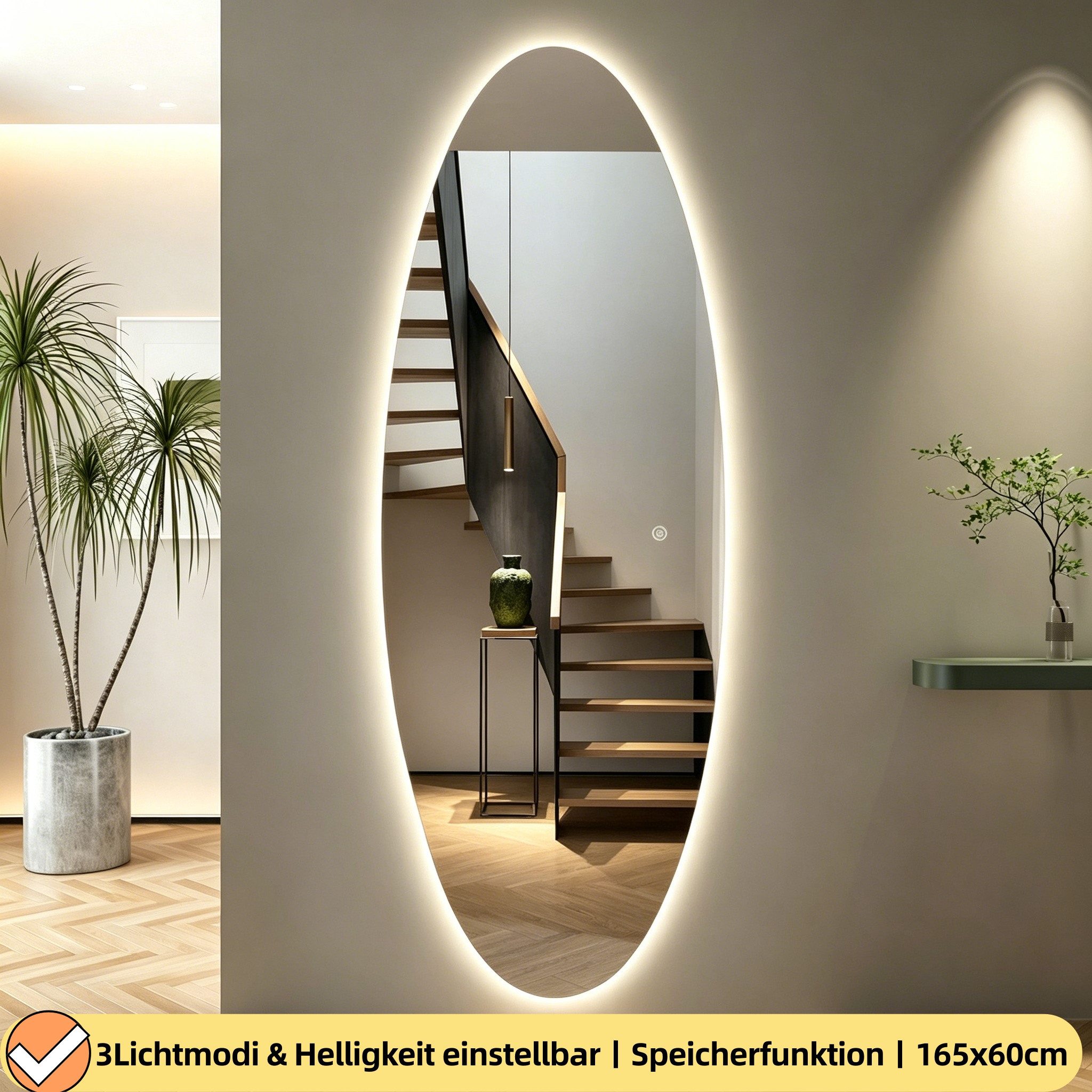 WDWRITTI Ganzkörperspiegel Rahmenlos Dekospiegel Wandspiegel asymmetrisch (3Lichtmodi, dimmbar, Speicherfunktion, 165x60cm), mit Netzstecker & Stromkabel