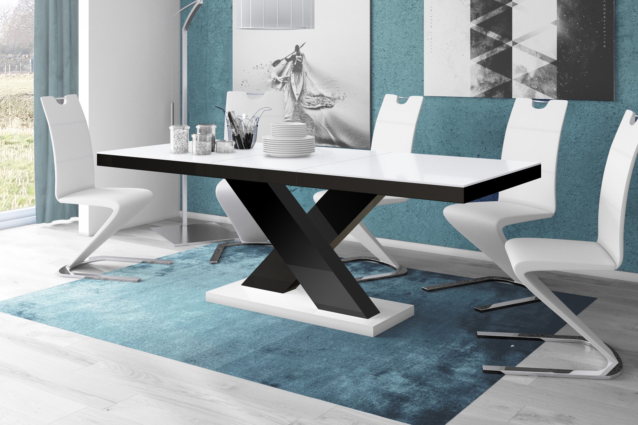 designimpex Esstisch Design Tisch HE-888 Weiß / Schwarz Hochglanz ausziehbar 160 bis 210 cm