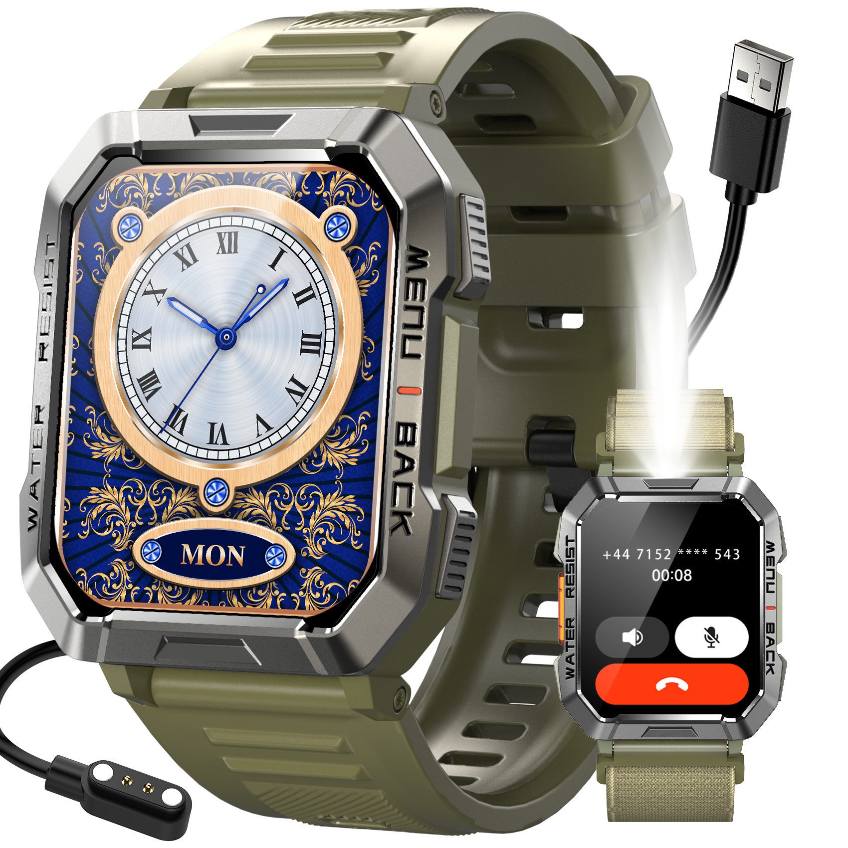 IOWODO MILITÄR SMARTWATCH HERREN W60 – 30 TAGE AKKU, LED-TASCHENLAMPE,KOMPASS Smartwatch Packung, mit atmungsaktivem, gewebtem Riemen geliefert, 2,01" Fitness Uhr,900 mAh,Bluetooth Anrufe,Ideal für Outdoor&Handwerk