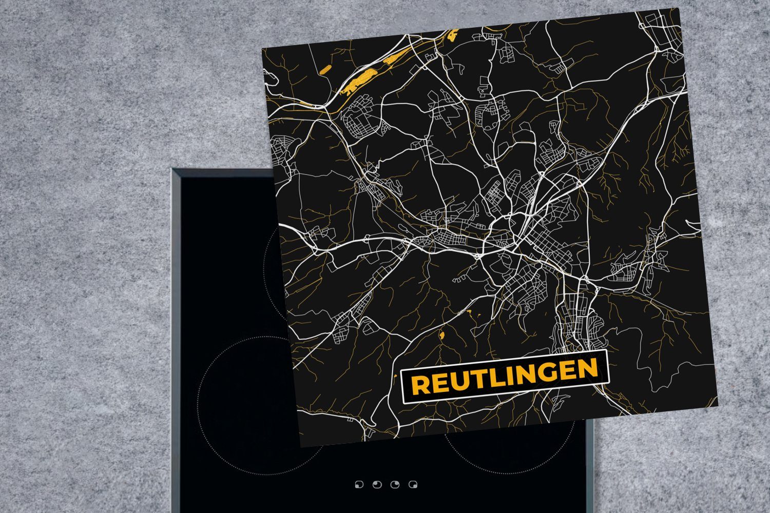 MuchoWow Herdblende-/Abdeckplatte Reutlingen cm, für 78x78 küche Karte Deutschland, tlg), - Arbeitsplatte Ceranfeldabdeckung, - - Vinyl, - (1 Gold Stadtplan