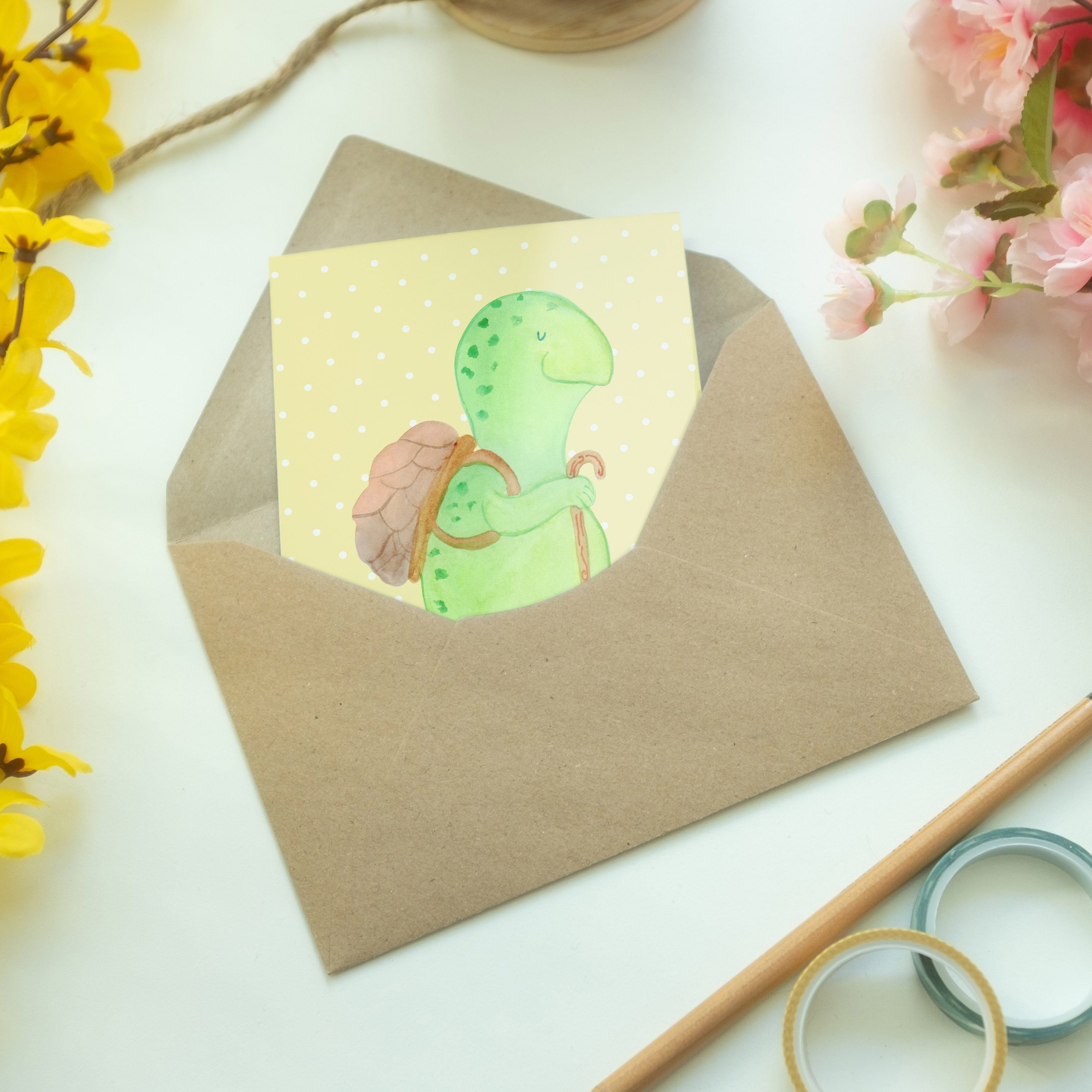 Mr. & Panda Grußkarte Pastell Motivation, - Geburtsta - Gelb Schildkröte Mrs. Geschenk, Wanderer