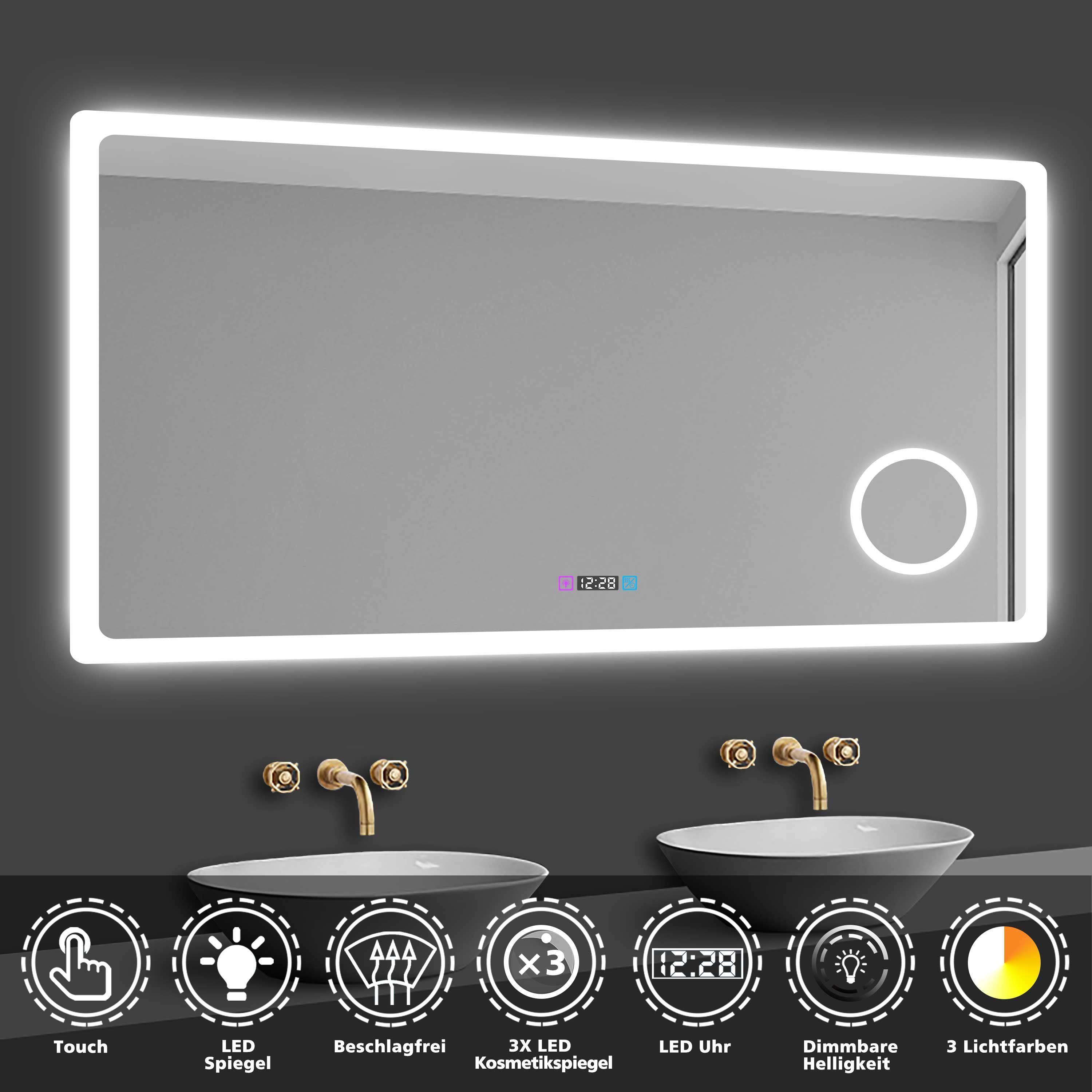 duschspa Badspiegel 80-160cm 3 Lichtfarbe, Uhr, günstig online kaufen