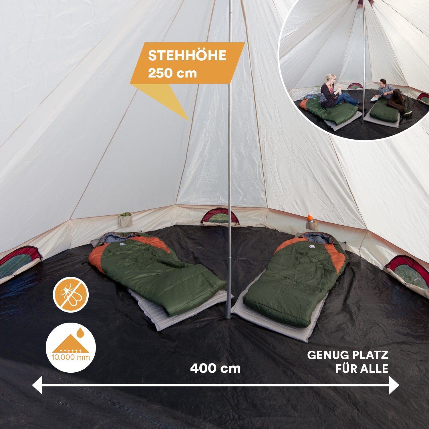 Skandika Tipi-Zelt Comanche 400 Protect, Campingzelt, Moskitonetz im Eingangsbereich, Personen: 8 (Wassersäule 3.000 mm, Kapazität 8 Personen), Vollständig eingenähter Zeltboden, wasserdicht, 2,5 m Stehhöhe