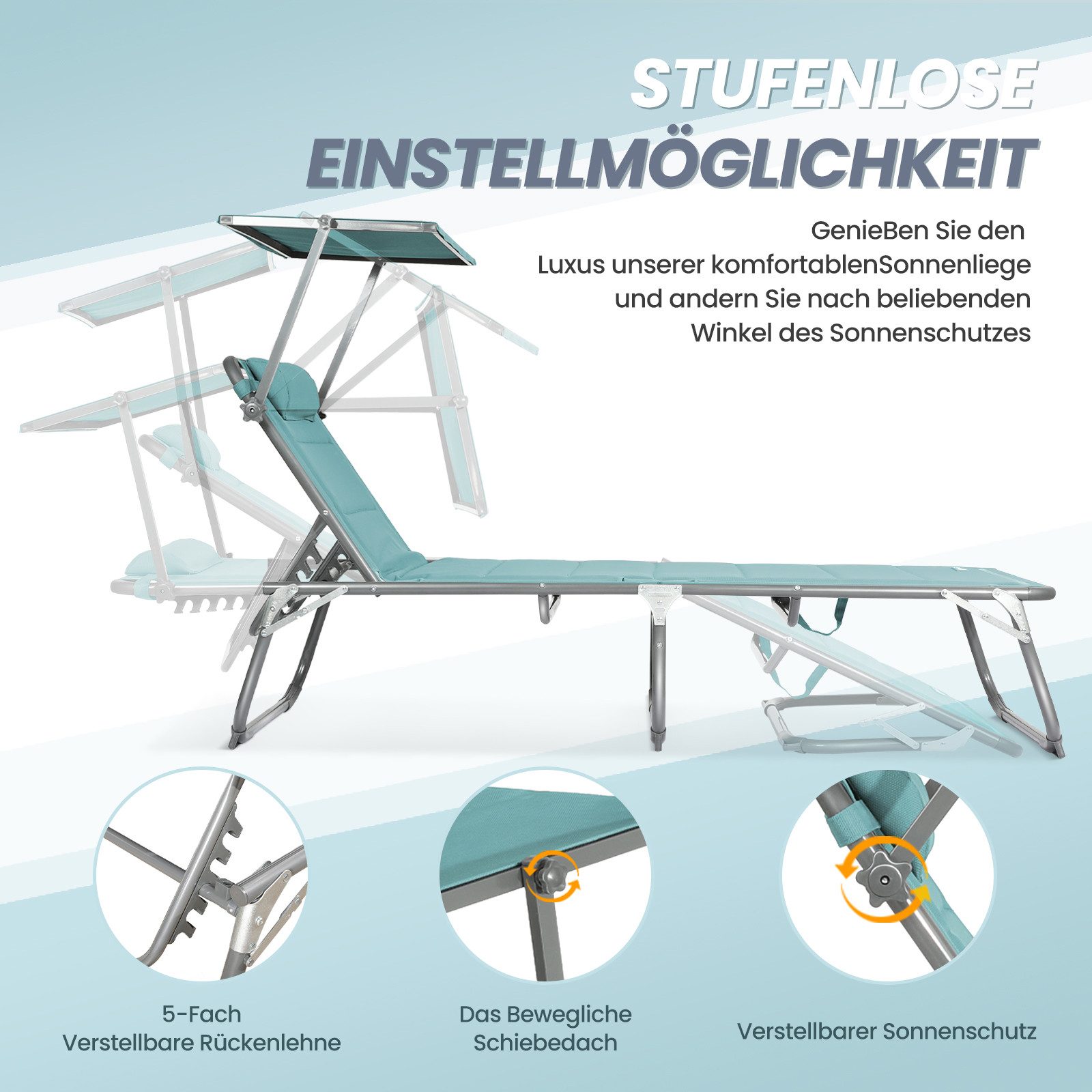 HOMECALL Gartenliege Sonnenliege AluLiege Liegestuhl Strandliege Liegen, klappbar, Textilene Mit Dickem Schwamm, Verstellbare Rückenlehne, Sonnenblende, Kopfpolster, bis 180KG