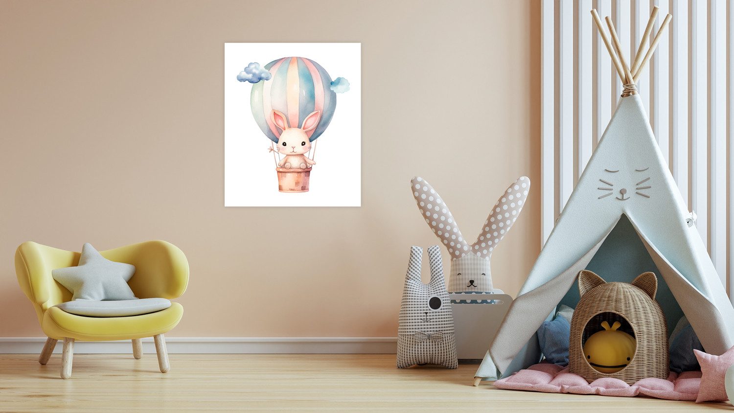 Bild mit Rahmen oder Poster, Hase im Heißluftballon am Himmel