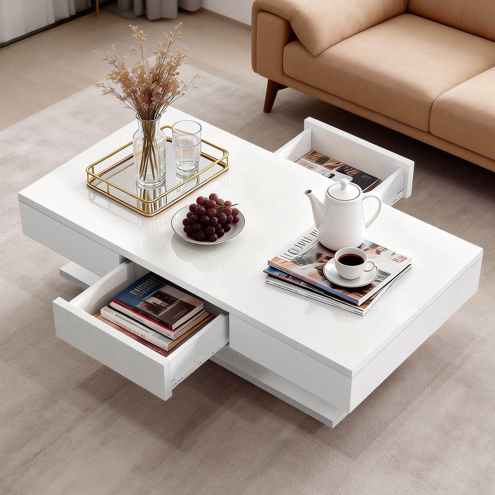oyajia Couchtisch Wohnzimmertisch mit 2 Schubladen, Wohnzimmertisch Sofatisch Beistelltisch mit 2 Schubladen und Stauraum