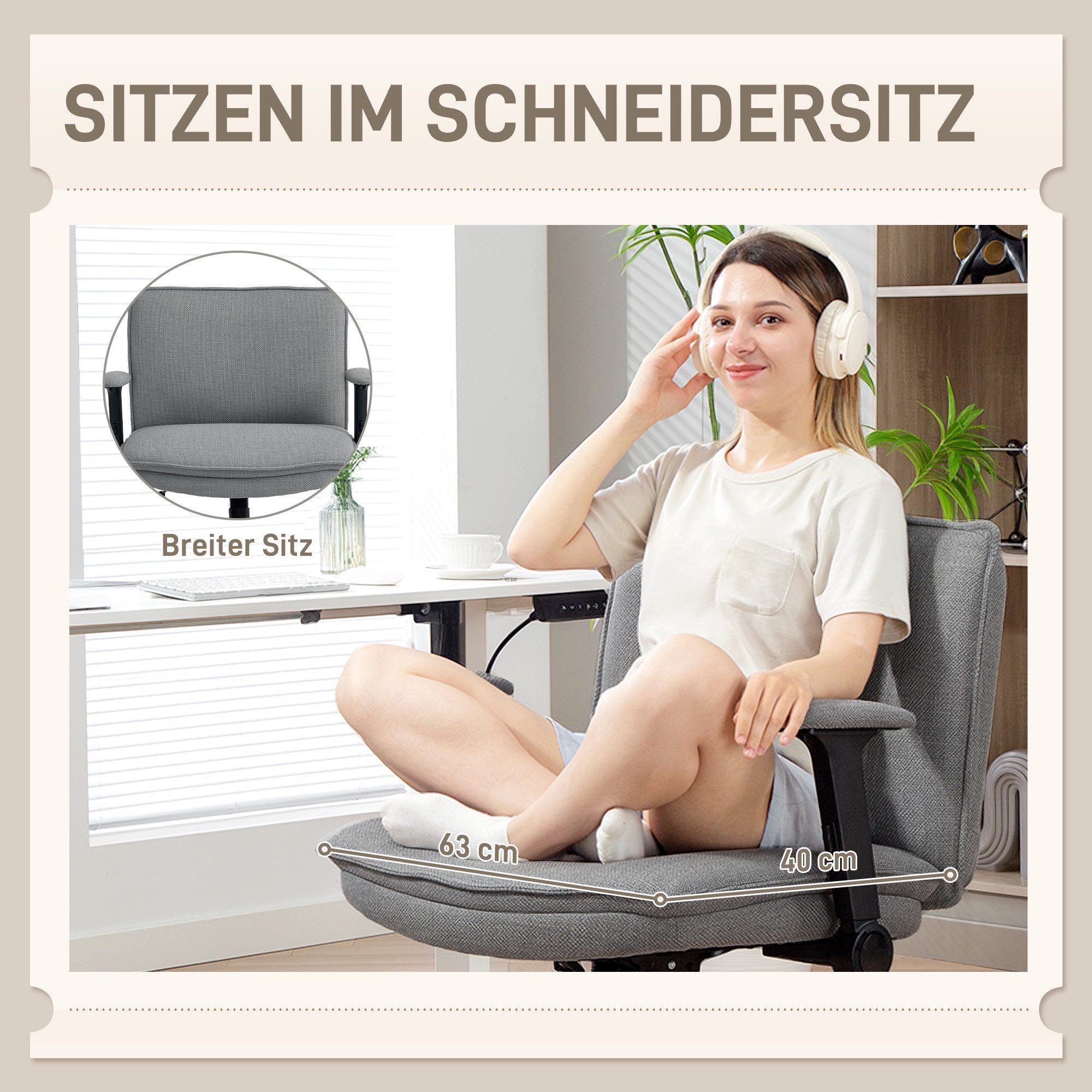 HOMCOM Bürostuhl Schreibtischstuhl, Schneidersitzstuhl, Leinenoptik, Home-Office (Drehstuhl, 1 St), für Schlafzimmer, Arbeitszimmer, Grau – Bild 4 von 5