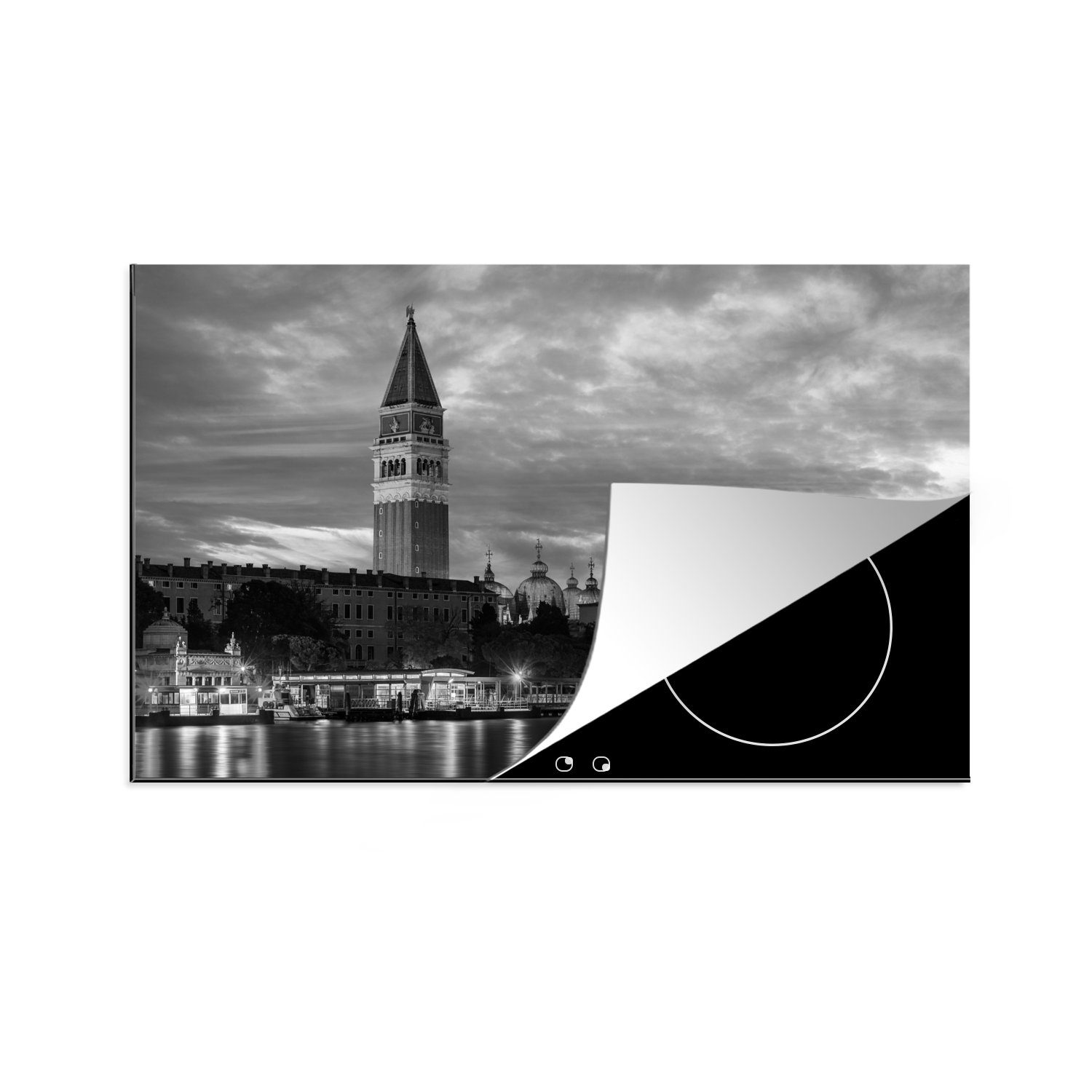MuchoWow Herdblende-/Abdeckplatte Campanile di San Marco - schwarz und weiß, Vinyl, (1 tlg), 81x52 cm, Induktionskochfeld Schutz für die küche, Ceranfeldabdeckung