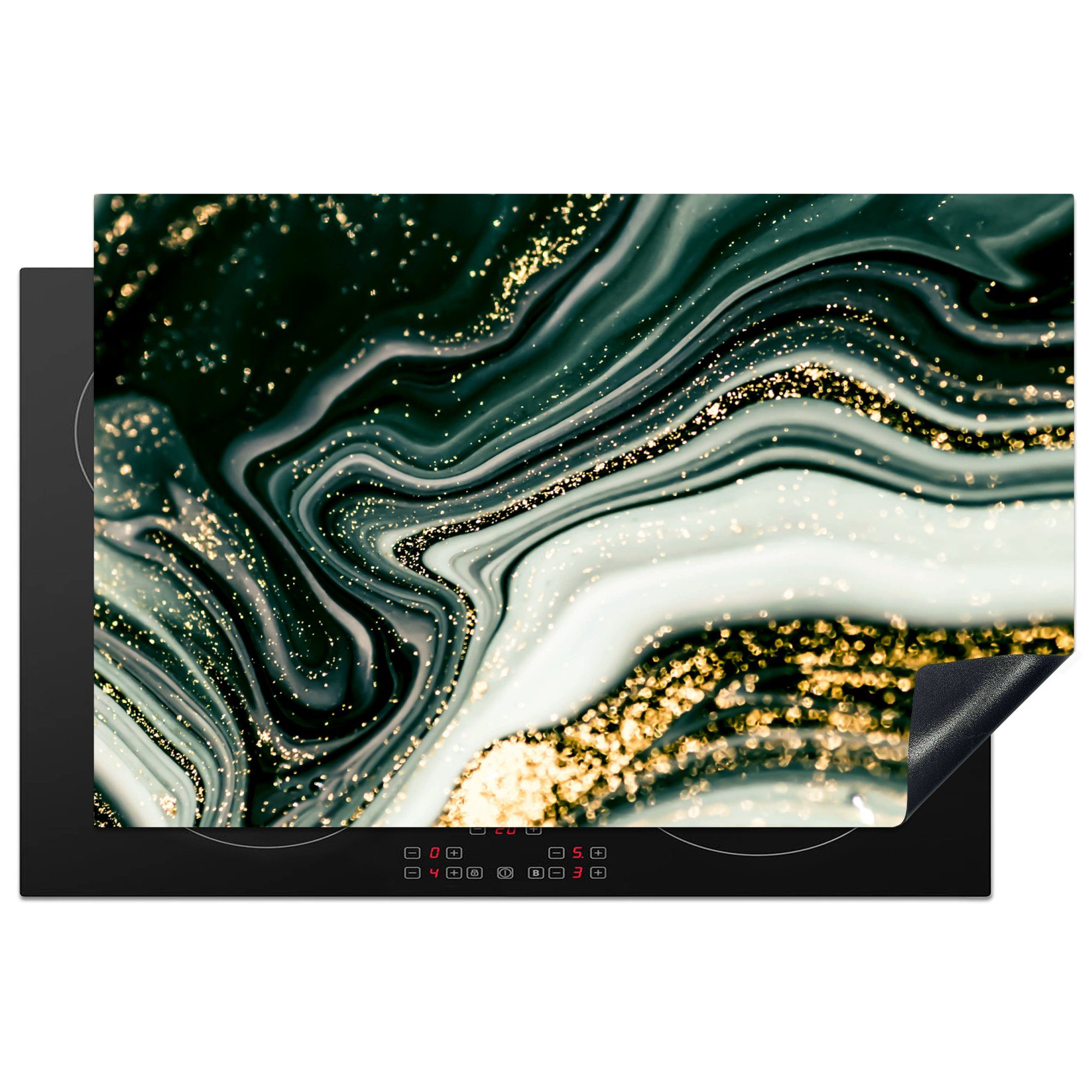 MuchoWow Herdblende-/Abdeckplatte Marmoroptik - Gold - Grün - Glitter - Design - Marmor, Vinyl, (1 tlg), 81x52 cm, Induktionskochfeld Schutz für die küche, Ceranfeldabdeckung