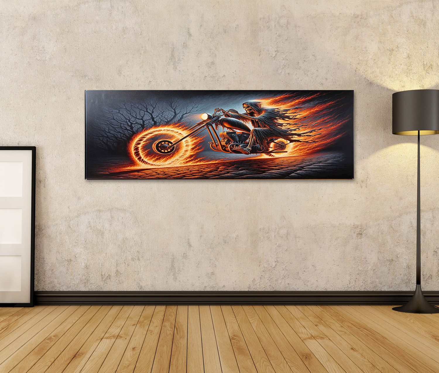 islandburner Leinwandbild Dunkle Fahrt: Skelett Motorrad günstig online kaufen