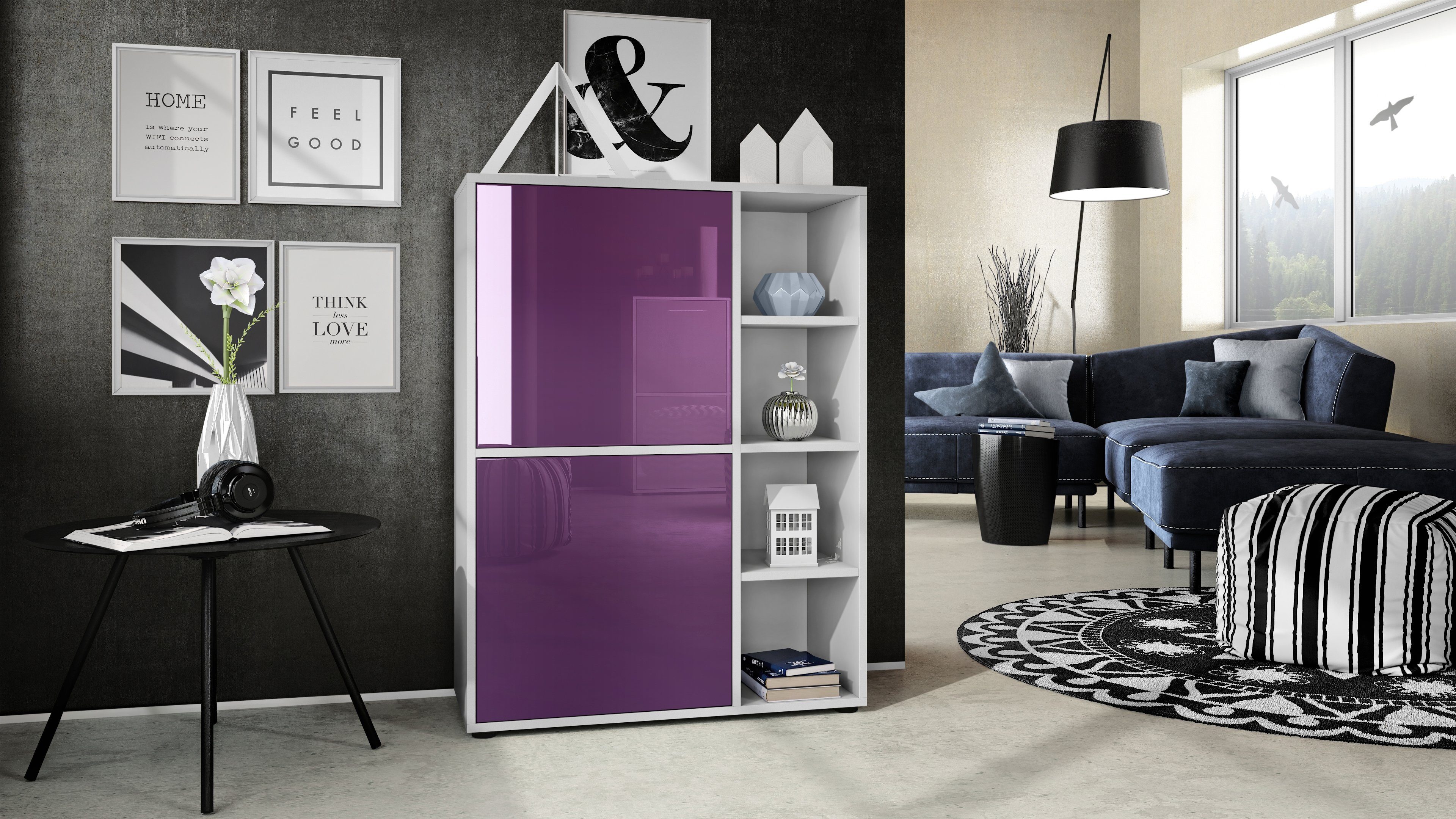 Vladon Highboard Cuba (Anrichte, mit 2 Türen und 4 offene Fächer), Weiß matt/Brombeer Hochglanz (79 x 105,5 x 35,5 cm)