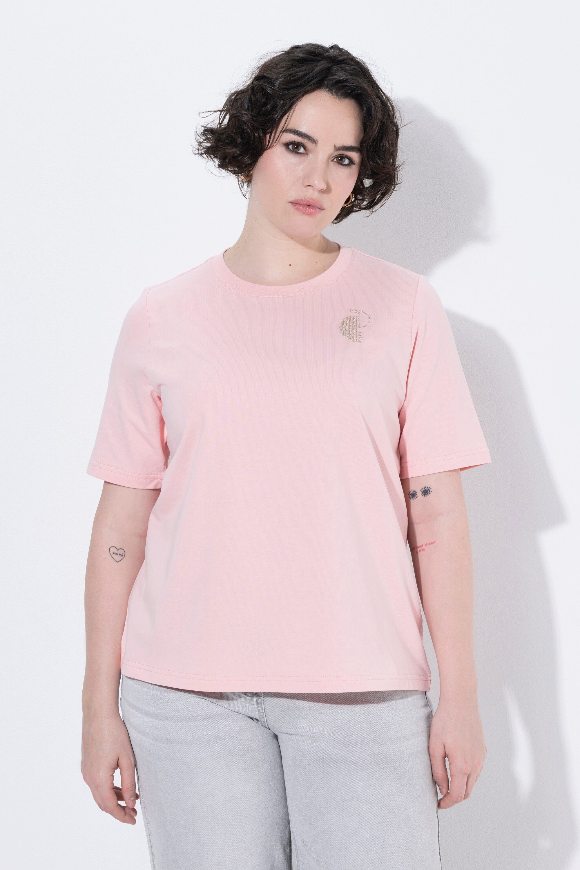 Sweatshirt Sweatshirt Metallic-Stickerei Rundhals Halbarm
