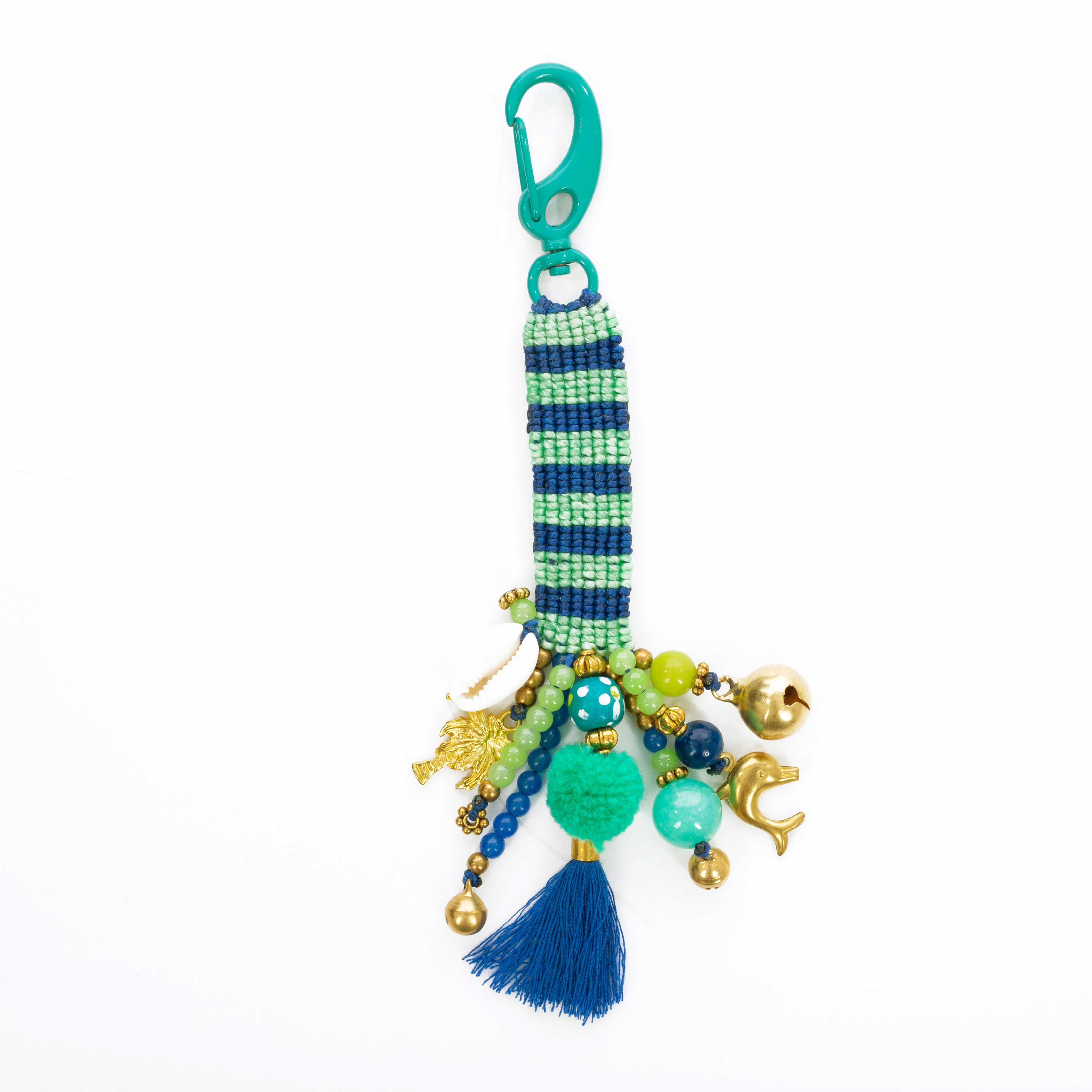 Overbeck And Friends Schlüsselanhänger Jacky (handgeknüpft, 1-tlg., ca. 15 cm), mit bunten Perlen, flauschigen Bommeln und goldenen Anhängern