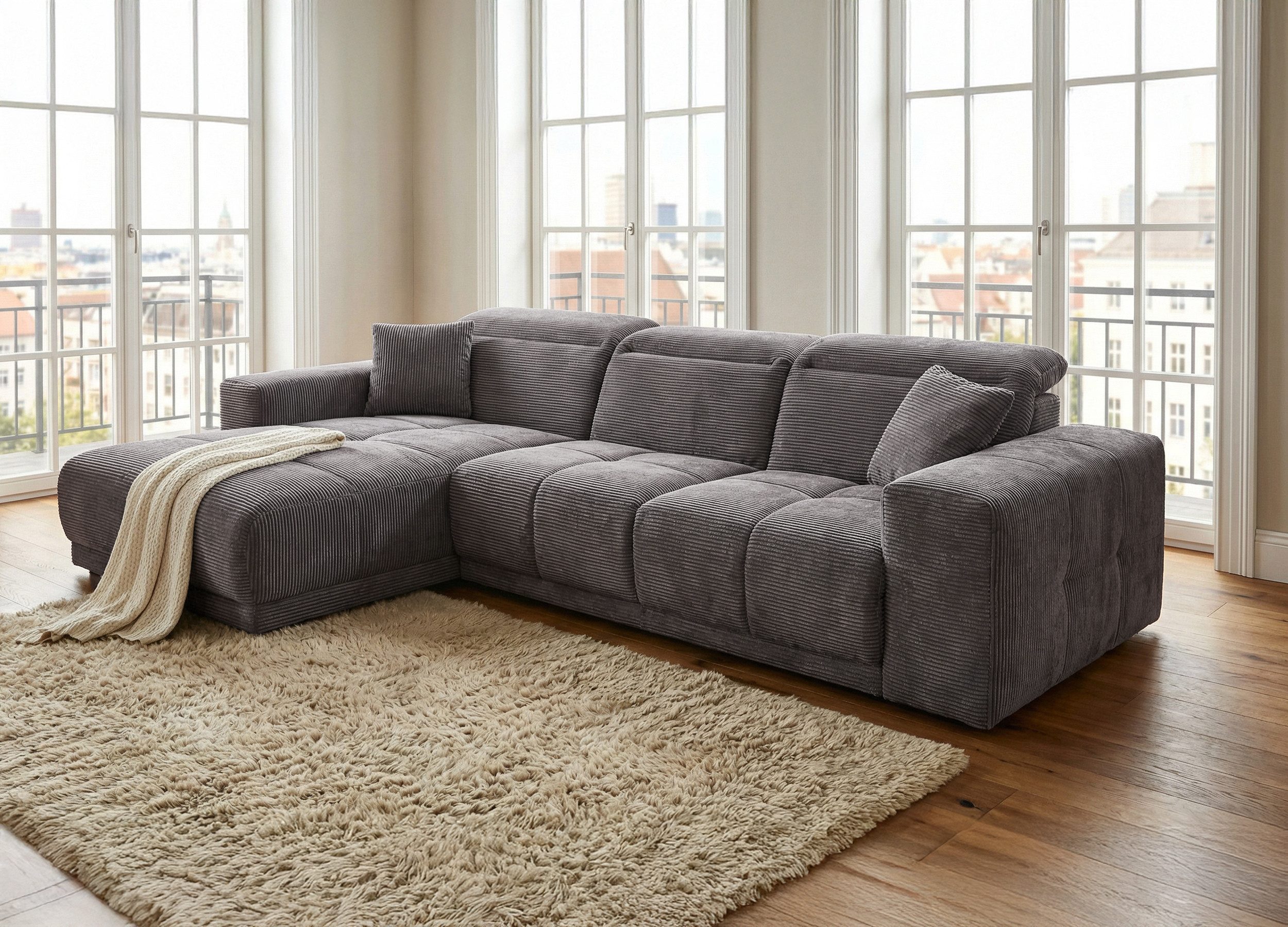 Massivart® Ecksofa mit Relaxfunktion / grau / Cord / 302 cm / Kopfteilverstellung / TONI, Nosagunterfederung · frei im Raum stellbar · inkl. 2 Zierkissen
