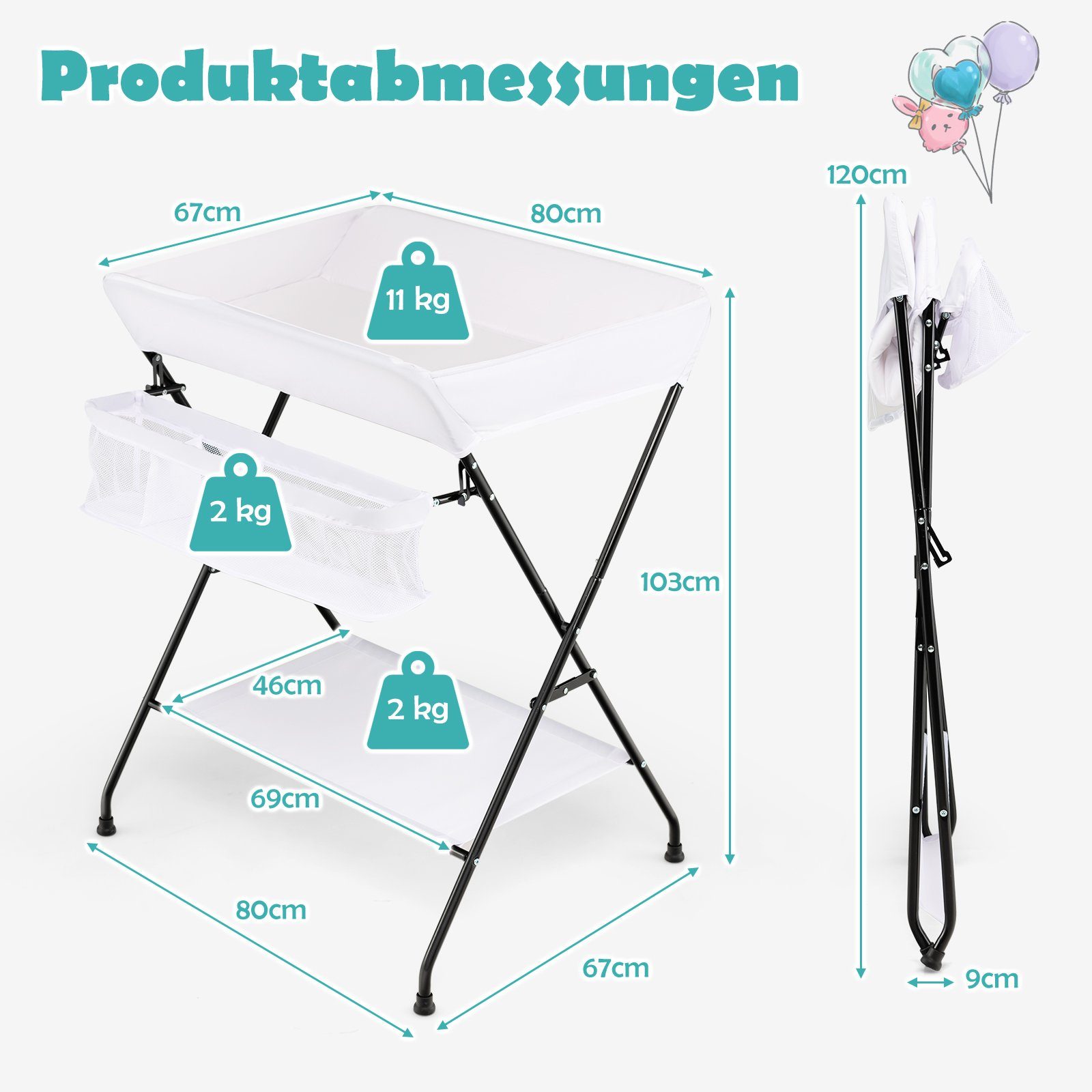 Höhenlineal COSTWAY weiß & & Fächern 3 Wickeltisch, mit Aufbewahrungskorb