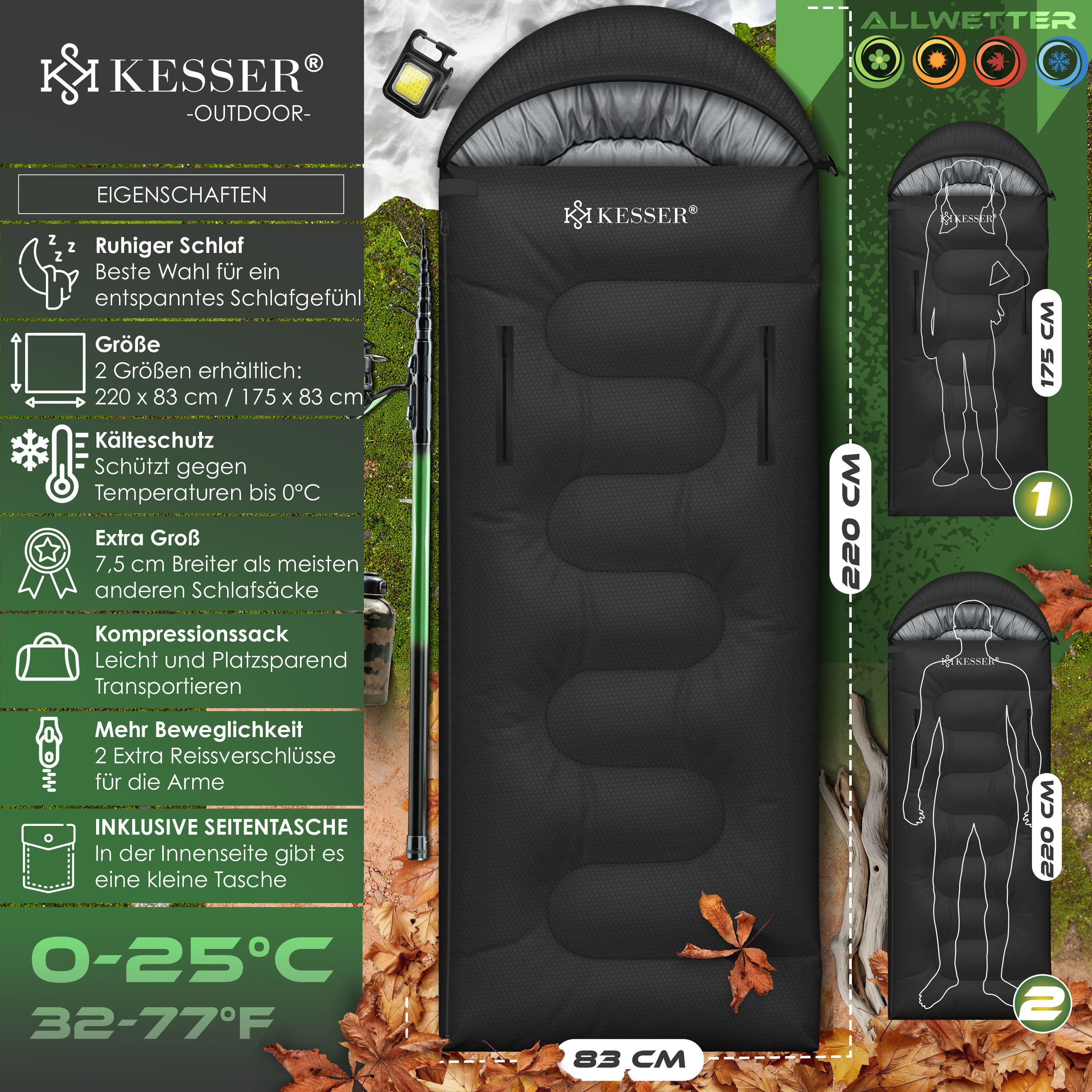 KESSER Deckenschlafsack Camping Schlafsack Outdoor 220x83cm 4 Jahreszeiten (Campingschlafsack inklusive Campinglampe & Seitentasche), für Erwachsene & Kinder Leicht Tragbar Warm & Wasserabweisend