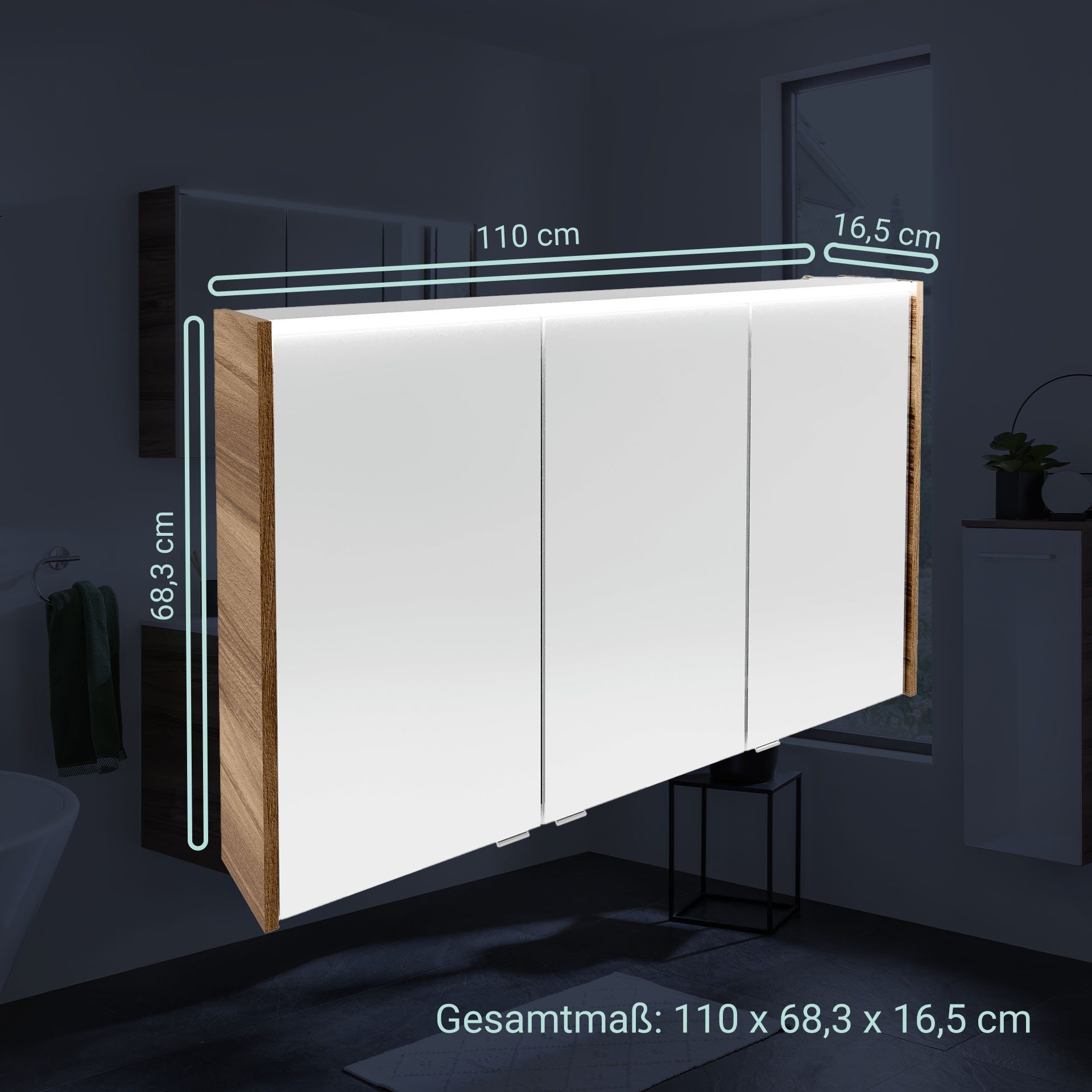 Badezimmerspiegelschrank FACKELMANN LED-Spiegelschrank Braun hängend vormontiert, Verona –