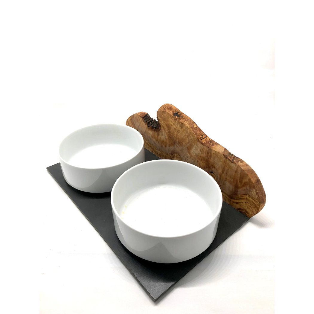 Olivenholz-erleben Futterstation 2-in-1 Futter- & Trinkstation MOUNTAIN Olivenholz mit 2x 1,5l Schalen, Porzellan, Einzigartiger „Berg-Effekt“ aus Olivenholz – jedes Stück ein Kunstwerk