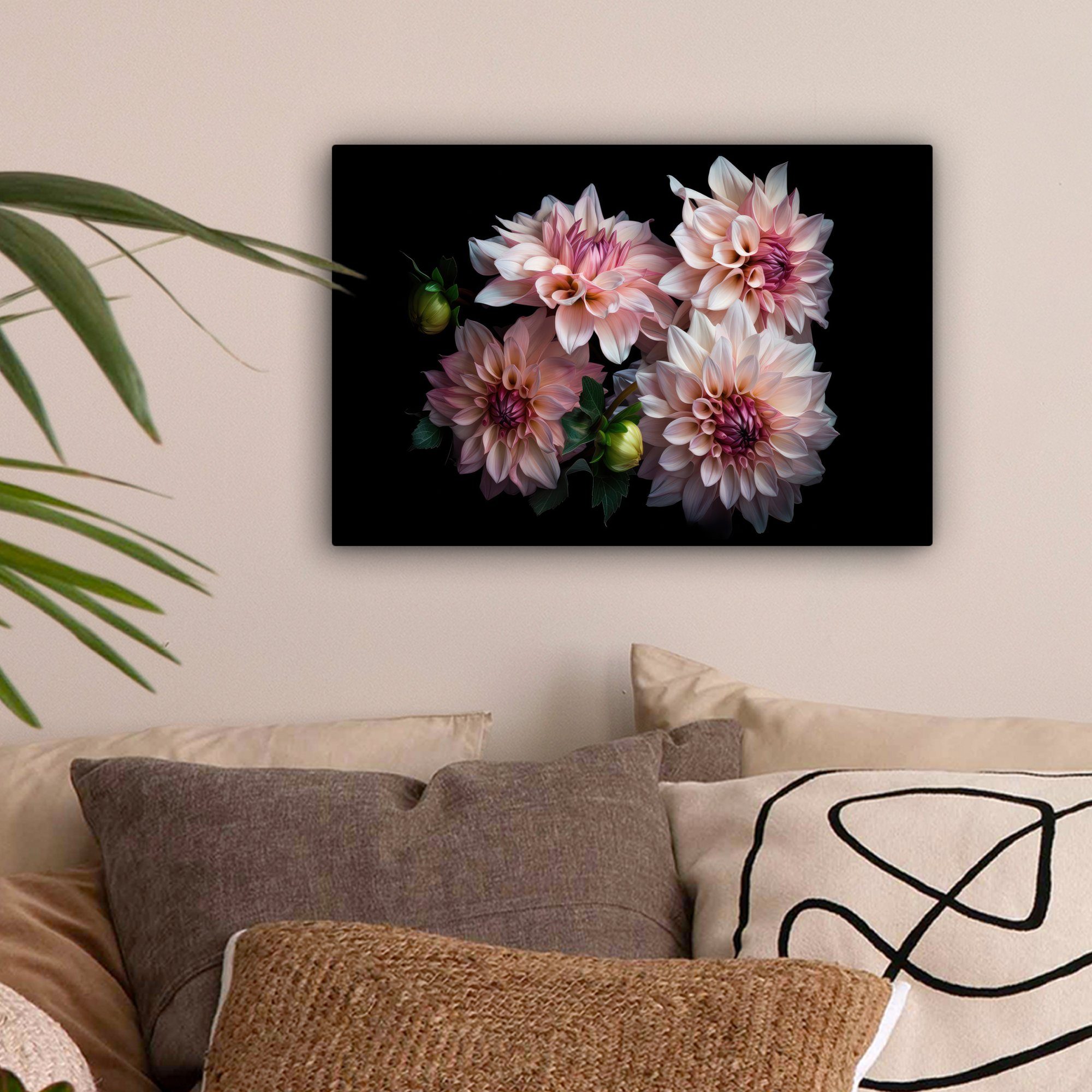 OneMillionCanvasses® - - - Aufhängefertig, St), Leinwandbild Blumen Leinwandbilder, Dahlie Weiß Wanddeko, Natur, (1 30x20 cm Wandbild Rosa -