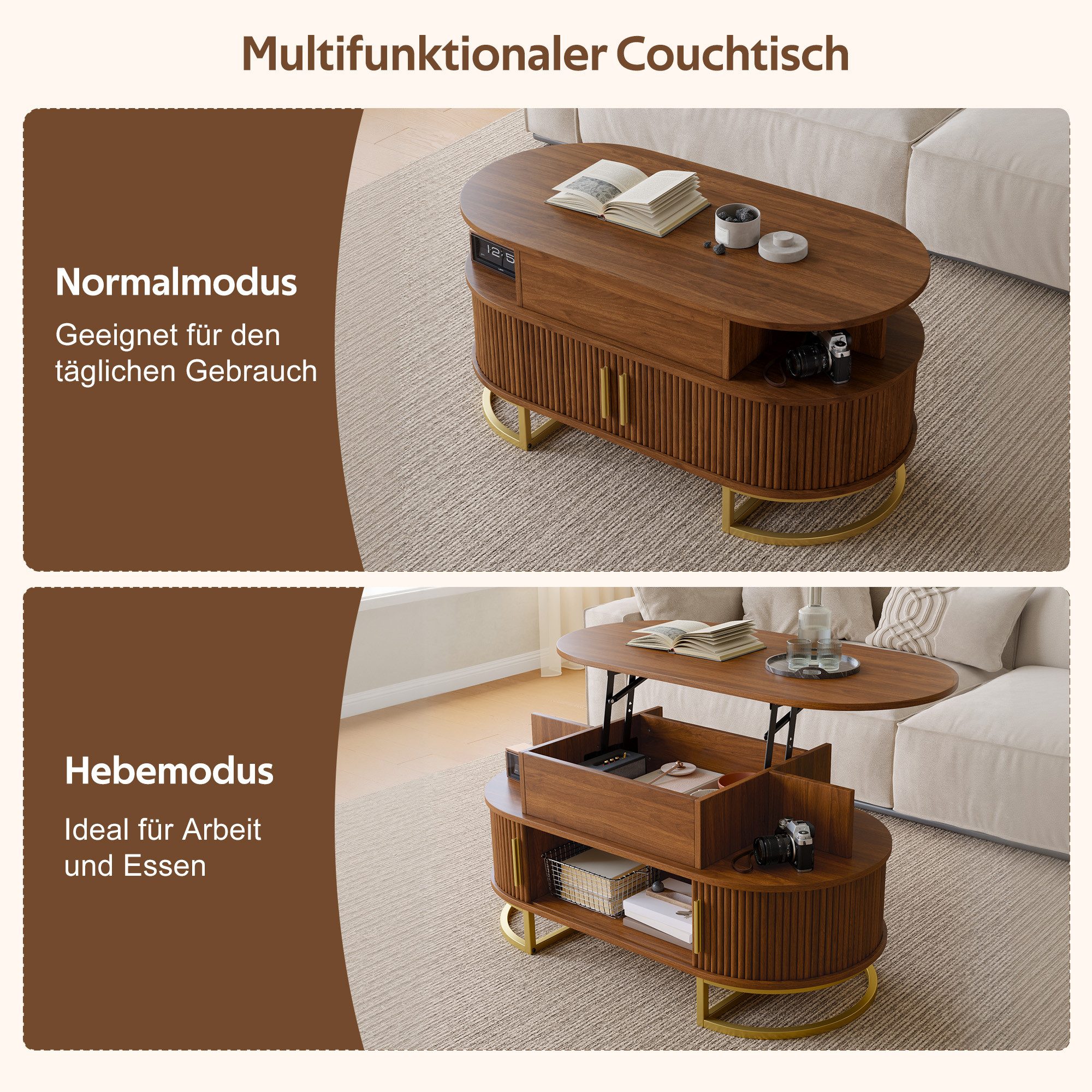 Merax Couchtisch oval Sofatisch anhebbarer Beistelltisch mit Liftfunktion im Holzoptik (100 L x 50 B x 64 H cm, 1-St), Wohnzimmertisch mit verstecktem Stauraum, – Bild 5 von 5