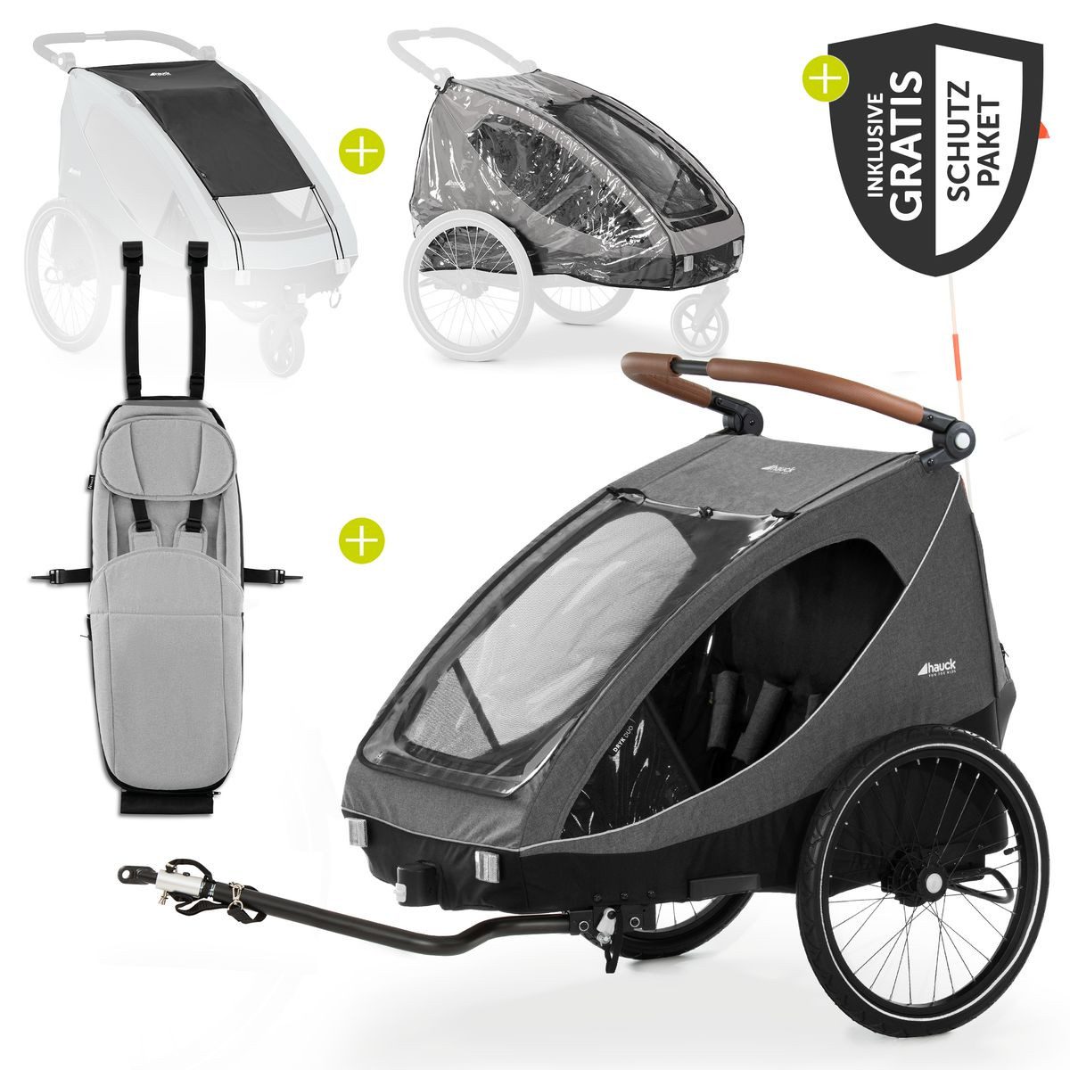 Hauck Fahrradkinderanhänger Dryk Duo - Melange Grey, 2in1 Fahrradanhänger Buggy für 2 Kinder mit Baby Lounger & Schutzpaket