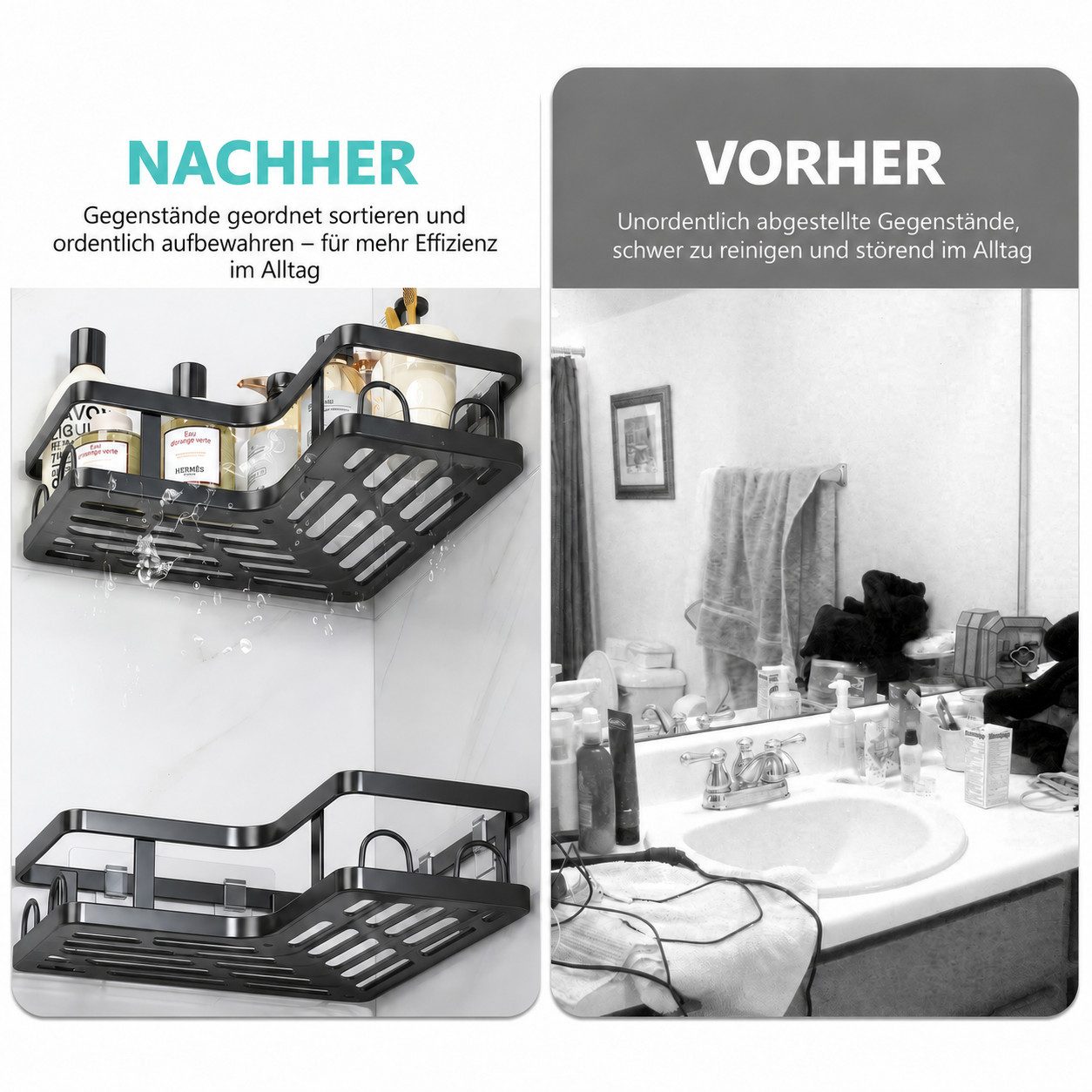 BlingBin Duschregal Ecke ohne Bohren Badezimmer Organizer, Badregal 3 Stück, Schwarz, 1er Set 1-tlg., Shampoo Halterung für Dusche, Duschkörbe & Duschablagen, S – Bild 4 von 5