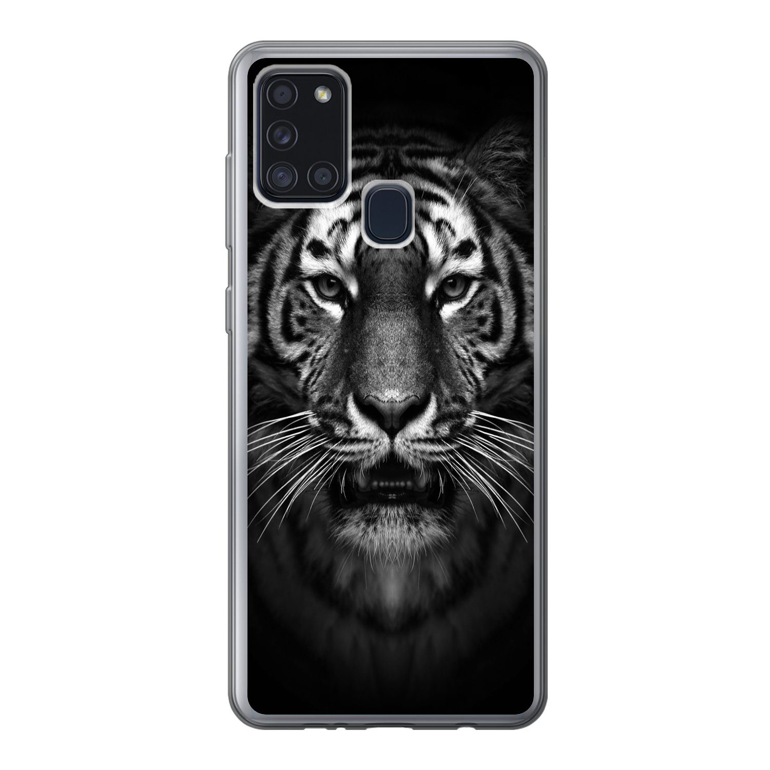 MuchoWow Handyhülle für Samsung Galaxy A21s Tiger - Tiere - Schwarz - Weiß - Porträt - Wil, Smartphone-Bumper, Print, Handy Schutzhülle Dünn