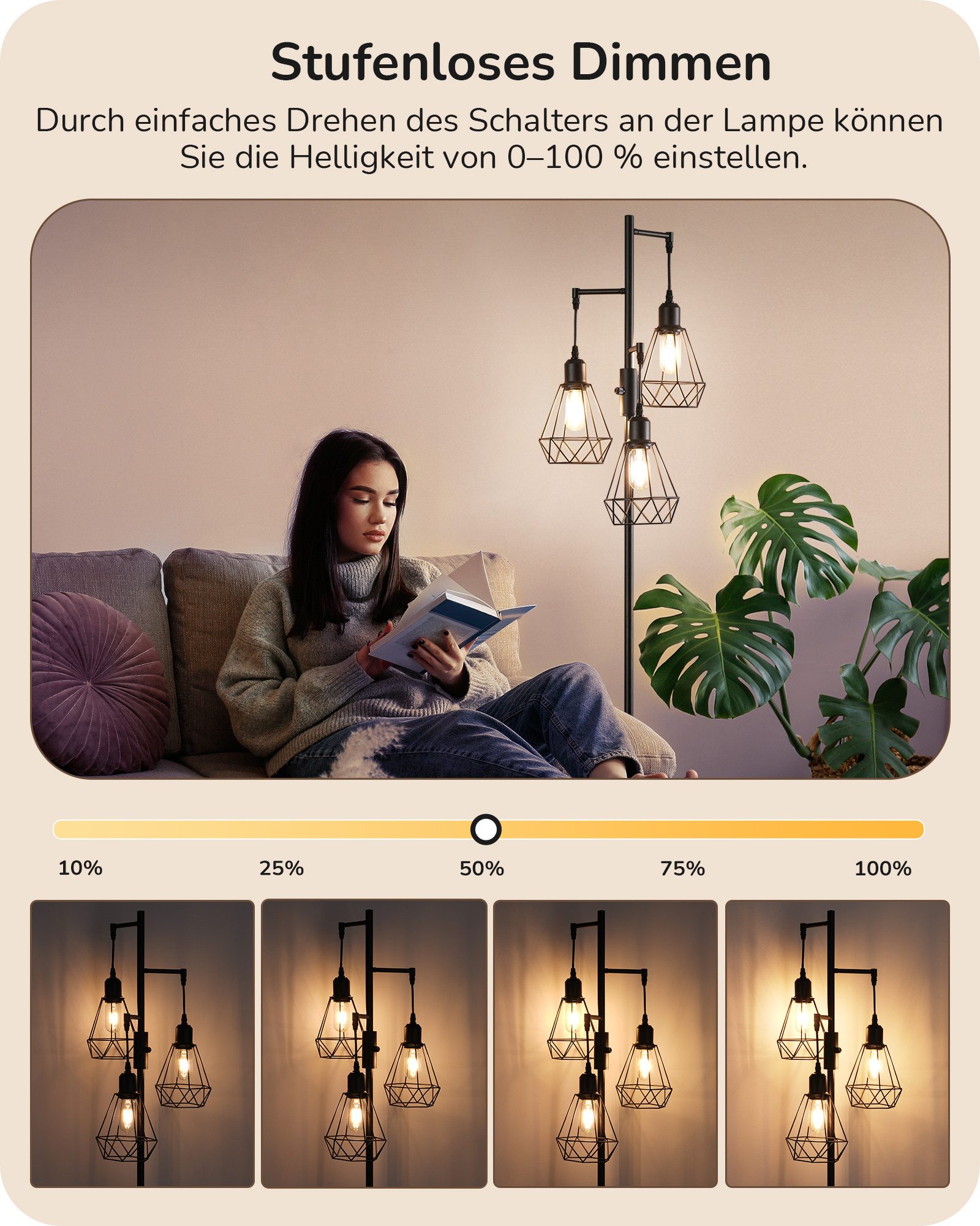 EDISHINE Stehlampe Wohnzimmer Dimmbar, 3-flammige Stehleuchte Industrial, LED wechselbar, Warmweiß, 3 Käfig Lampenschirm aus Metall