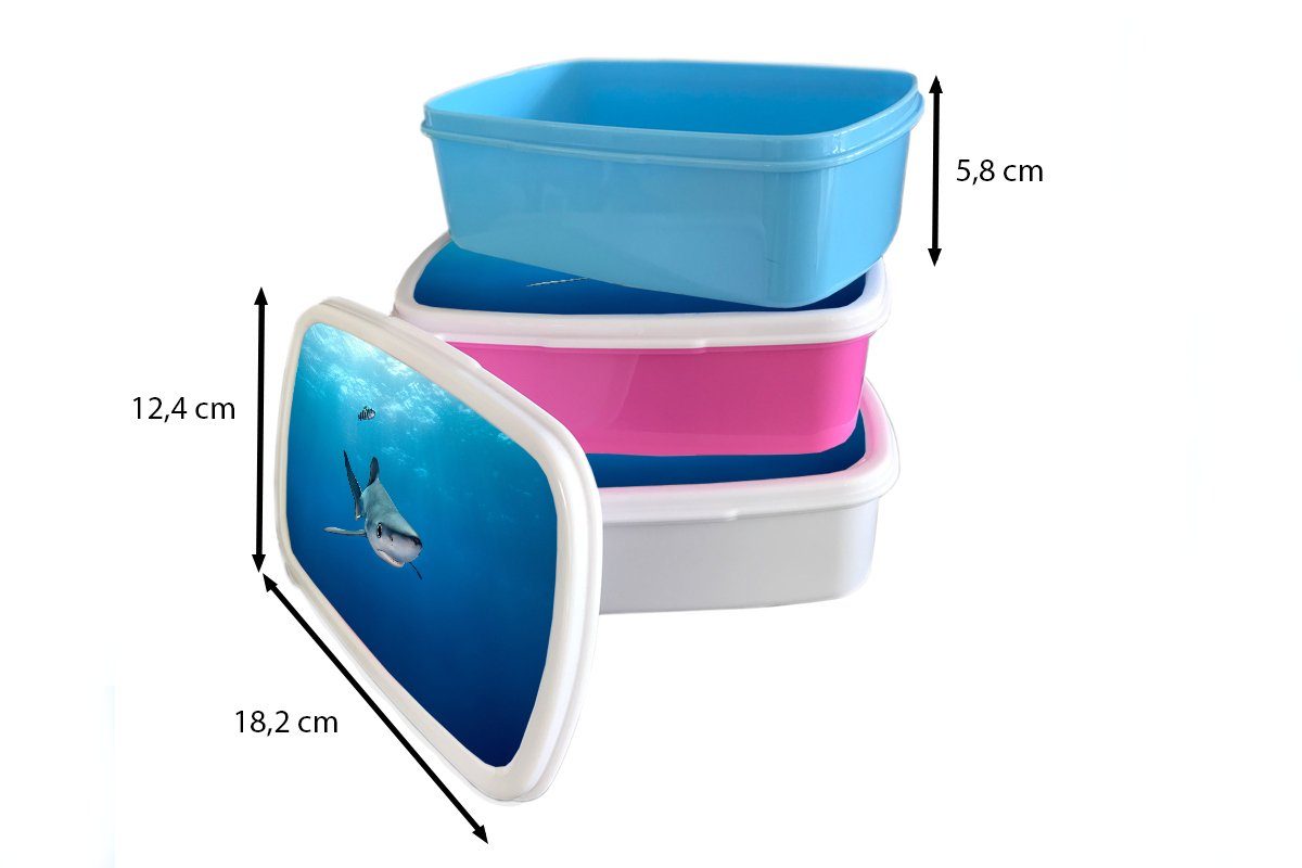 MuchoWow Lunchbox Großer Blauer Snackbox, Mädchen, Kinder, Erwachsene, Kunststoff, Kunststoff rosa Brotbox (2-tlg), Hai, Brotdose für