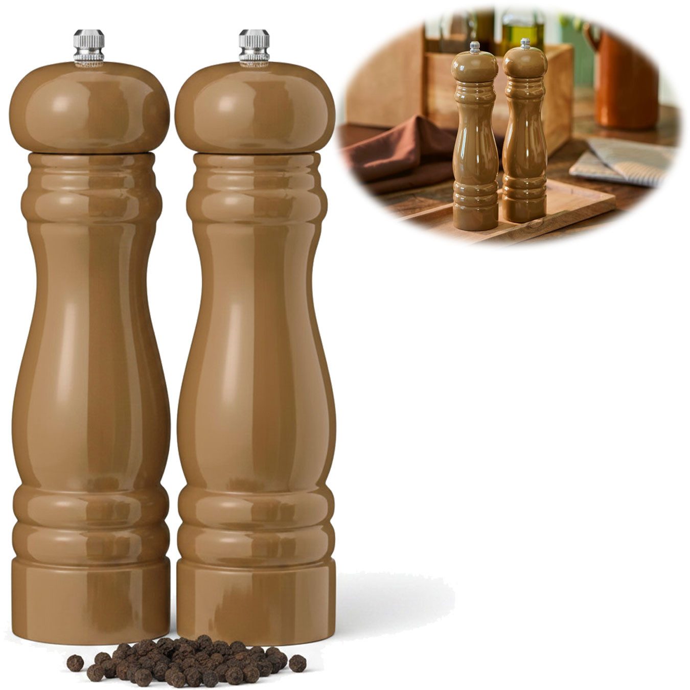LS-LebenStil Salz-/Pfeffermühle iB Laursen Design Holz Mühlen Set Pazifik Braun 21cm Keramikmahlwerk manuell, (2 Stück), Gewürzmühle grobes Salz schwarze Pfefferkörner Chili Muskatnuss