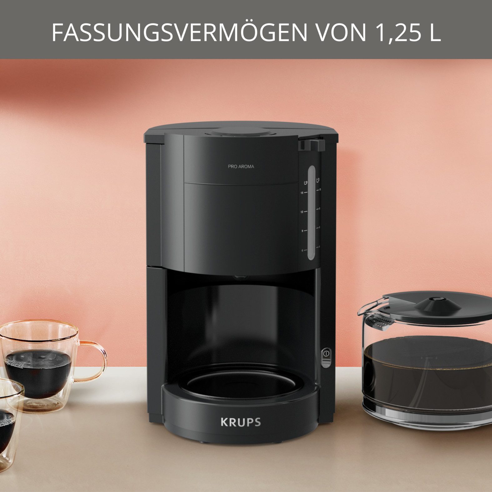 Krups Filterkaffeemaschine F30905 Pro Aroma, mit Glaskanne, 1,25L Füllmenge, 10-15 Tassen, 1050W