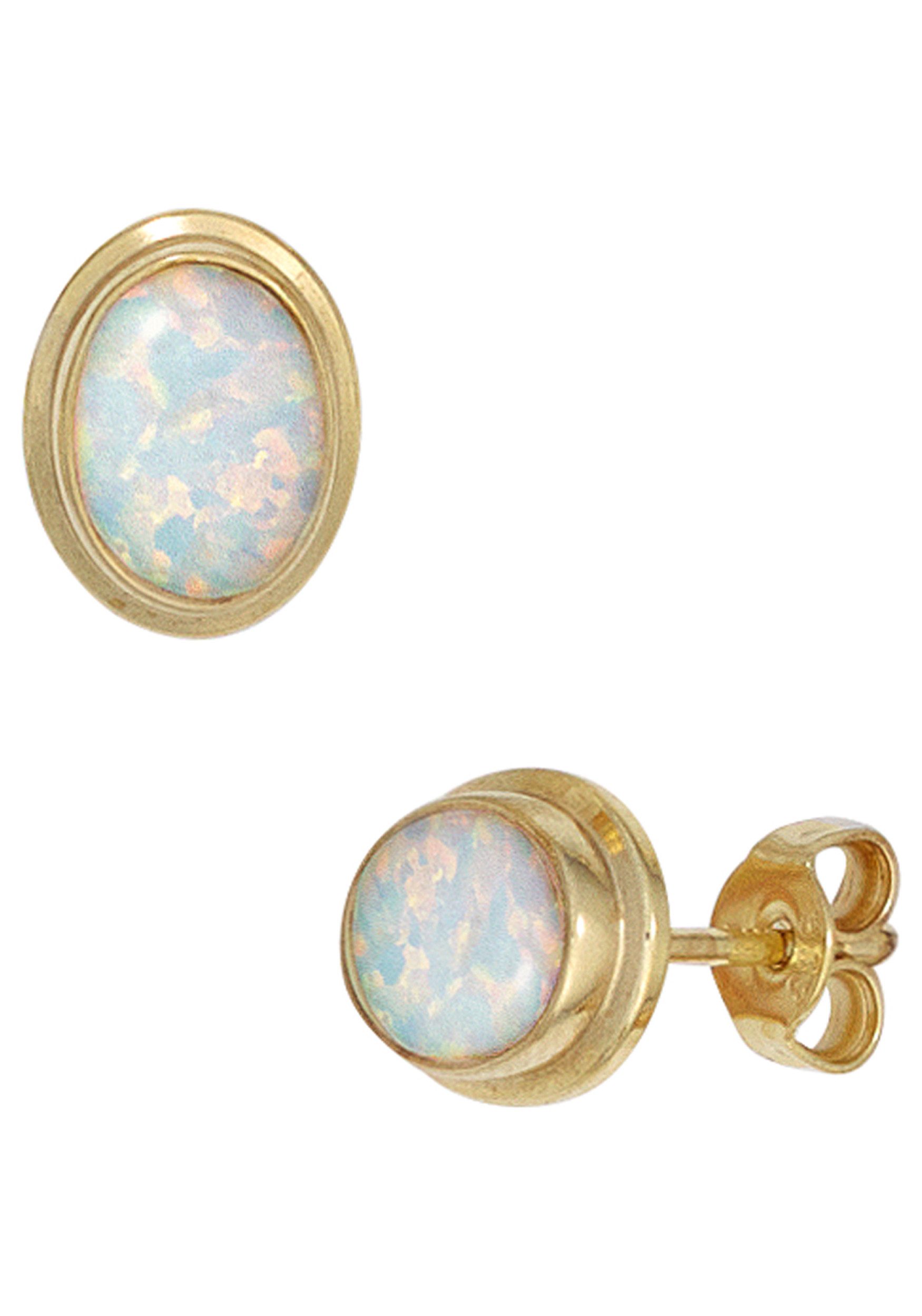 JOBO Paar Ohrstecker Ohrringe Opalohrringe oval, 333 Gold mit synthetischen Opalen