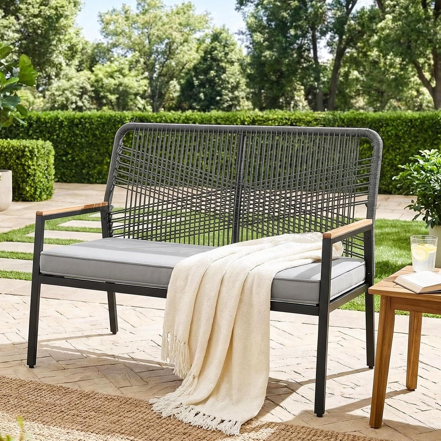TLGREEN Gartenbank Rattan,2-Sitzer Gartenstuhl Polyrattan,Sitzbank Outdoor, (Gartenmöbel mit 8 cm dicken Sitzkissen, WPC Armrest), für Terrasse, Garten, Veranda