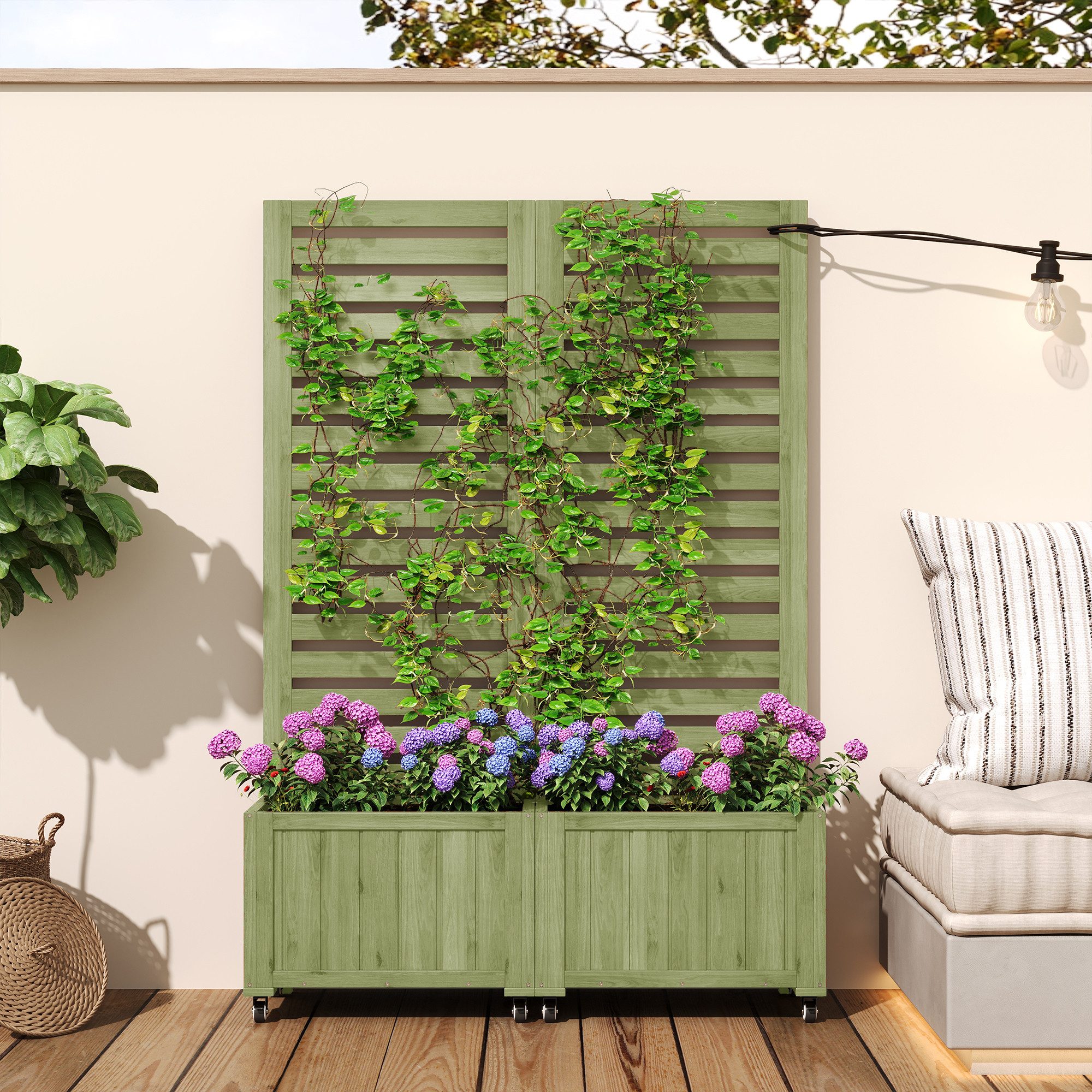REDOM Pflanzkübel Gartenspalier-Pflanzkübel 102,5x32x152,5 cm aus Holz mit Rollen (Pflanzkübel, Outdoor Pflanzgefäß, Pflanzkaste, 1 St., Outdoo Pflanzgefäß mit Klapp- & Universalrädern), mit Spalier als Kletterhilfe, für Garten, Hof & Terrasse