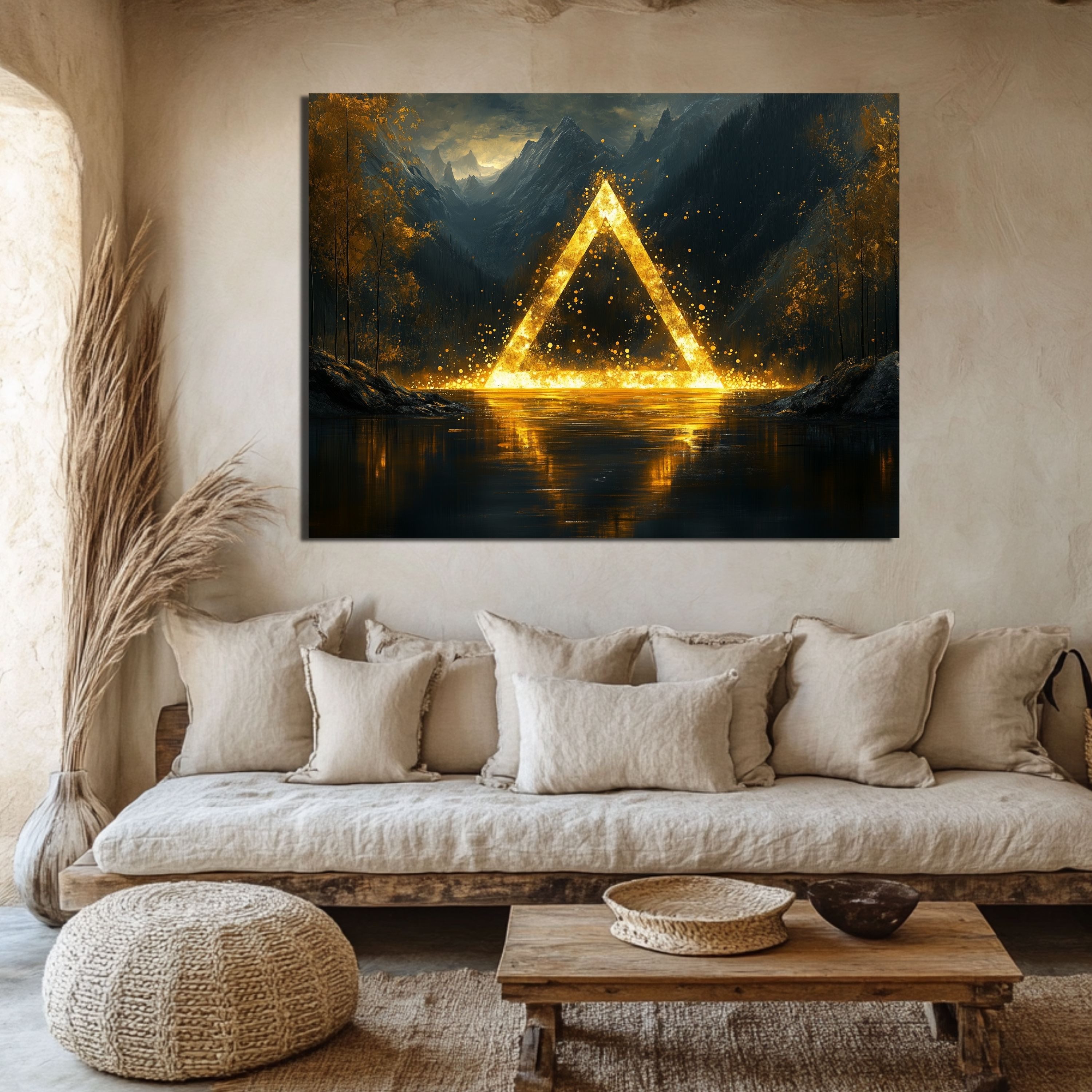 DARO Design Leinwandbild Modern Abstrakt Wandbilder XXL Wandbild Wand Deko Leinwand Bilder, (massives goldenes Dreieck - Bild groß Wohnzimmer Esszimmer Schlafzimmer Küche Einteilig Querformat Fotodruck Leinwände Wanddeko Abstrakte Kunst Boho), 30x20cm