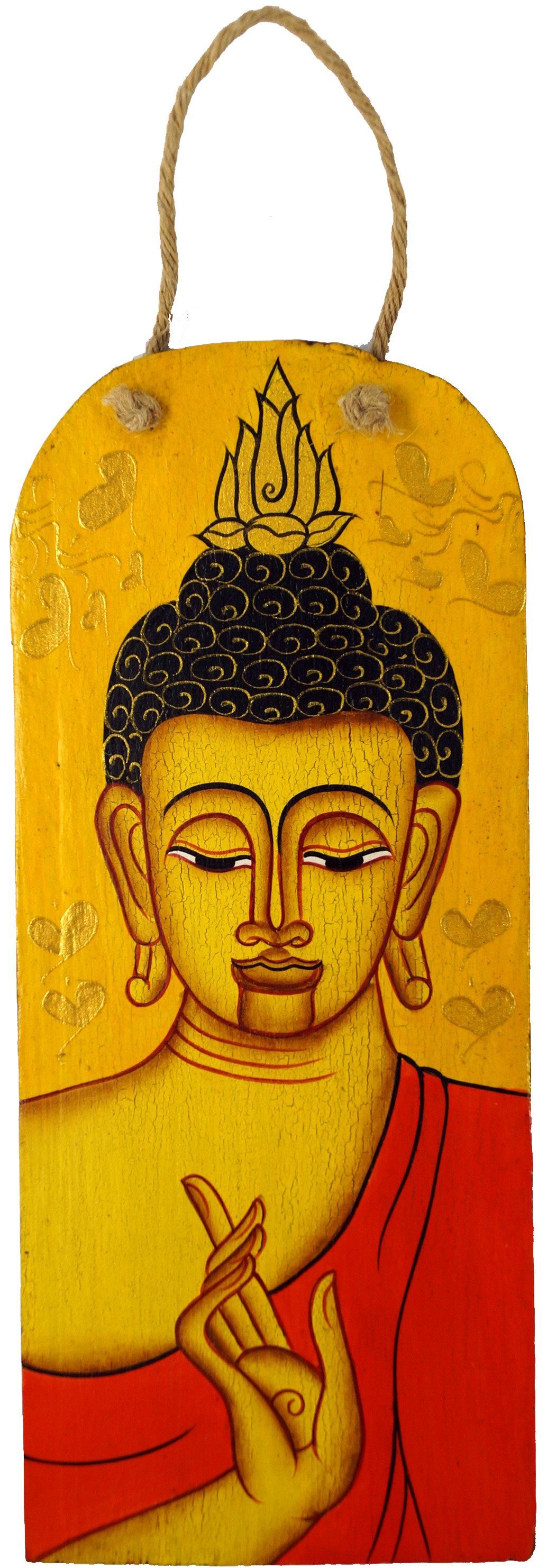 Guru-Shop Buddha gelb Wandbild Holz auf Buddhafigur - Handgemaltes