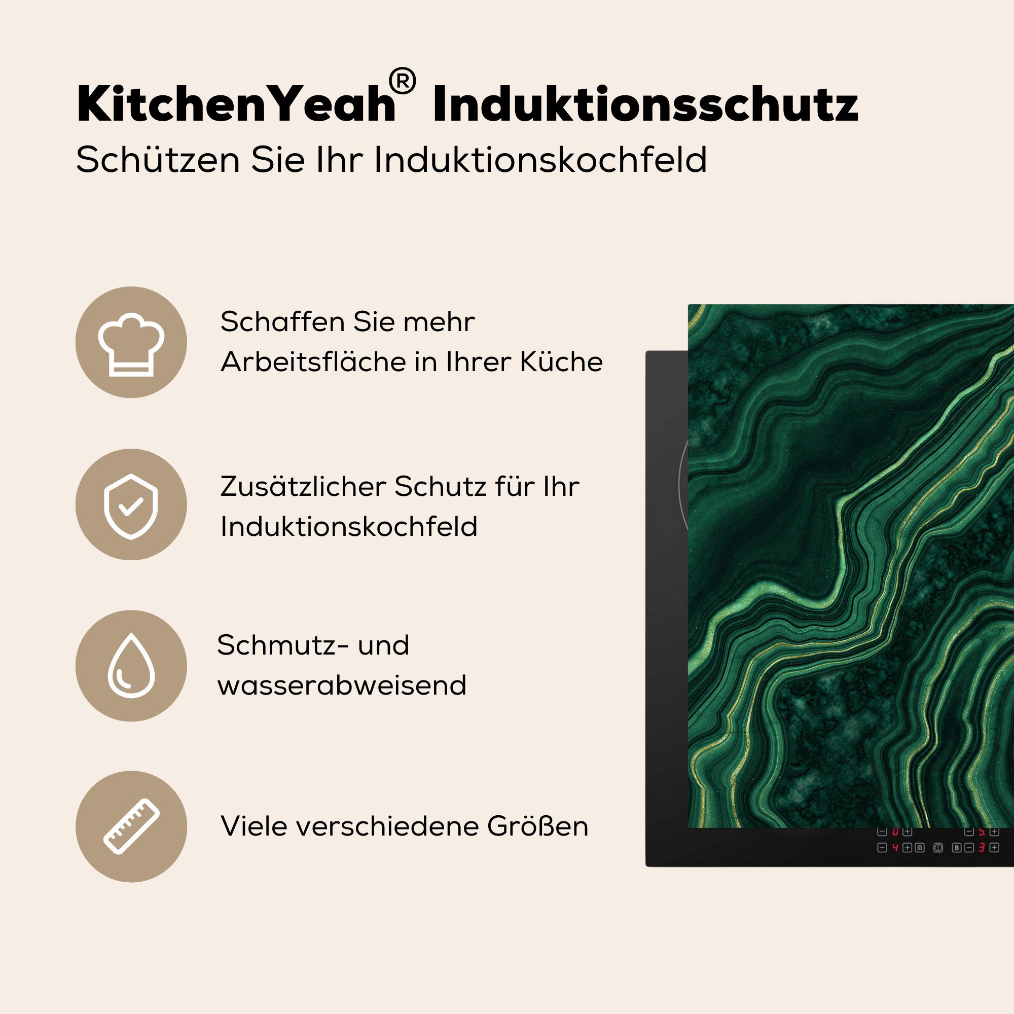 Golden, tlg), Vinyl, MuchoWow - Grün Ceranfeldabdeckung, küche für - (1 Marmor 78x78 Herdblende-/Abdeckplatte cm, Arbeitsplatte