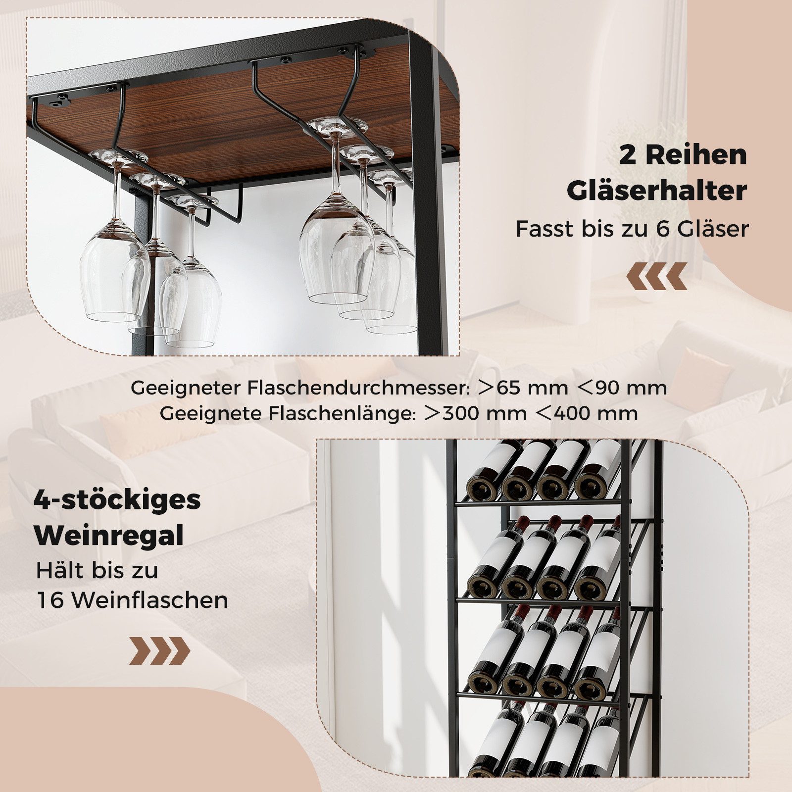 COSTWAY Weinregal, schmal, Weinständer für 16 Flaschen, 6 Gläser Metall
