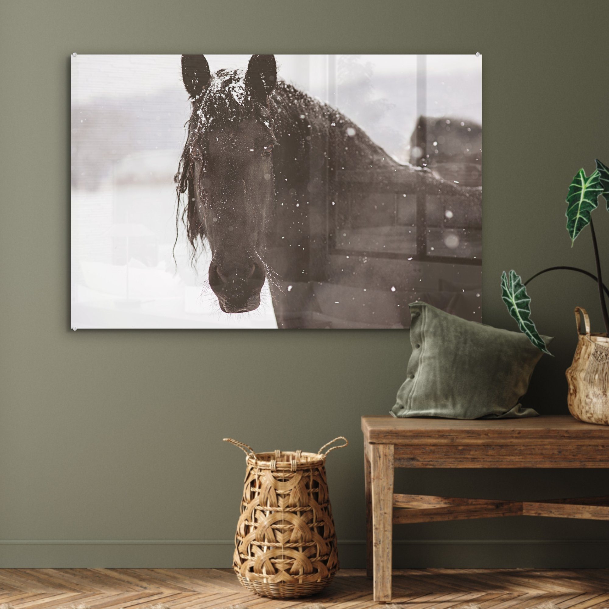 Wohnzimmer Pferd MuchoWow Acrylglasbild Friesisches St), & im Schnee, Acrylglasbilder (1 Schlafzimmer