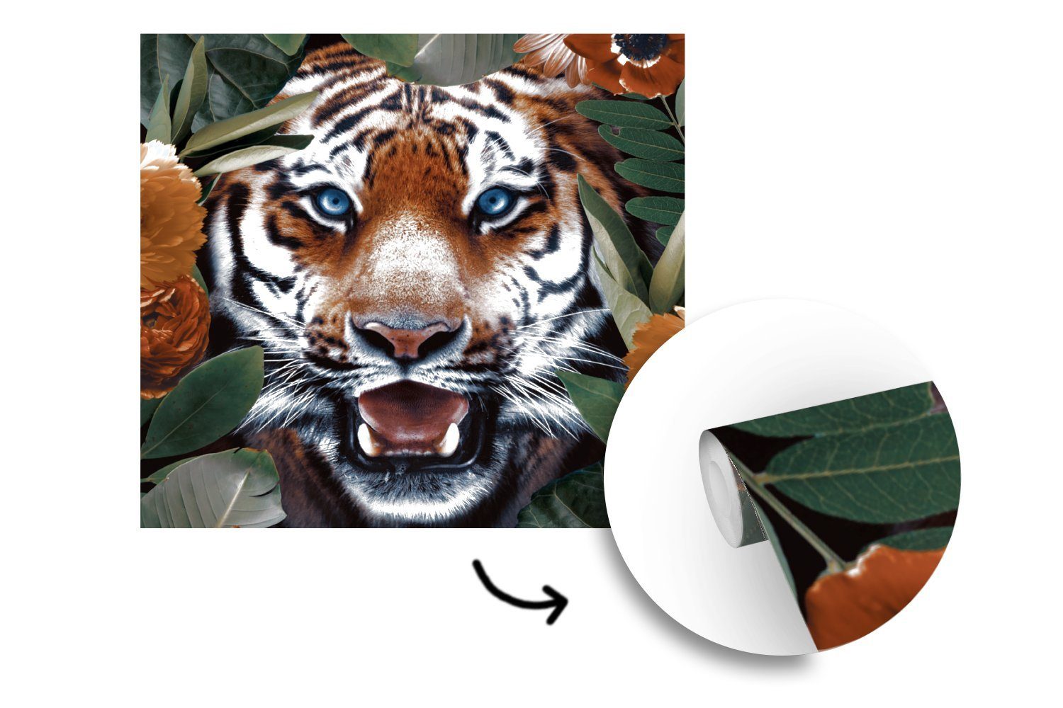 MuchoWow Fototapete Tiger - Matt, (5 Blatt St), oder Wohnzimmer Vinyl für Tiere, Wandtapete - Schlafzimmer, Tapete bedruckt