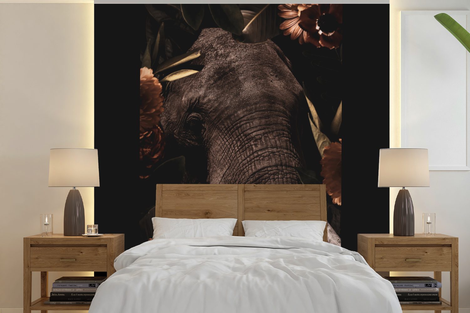 MuchoWow Fototapete Elefant - Schlafzimmer, bedruckt, Tapete Porträt, Blumen Matt, St), für Wohnzimmer (5 Vinyl Wandtapete oder 
