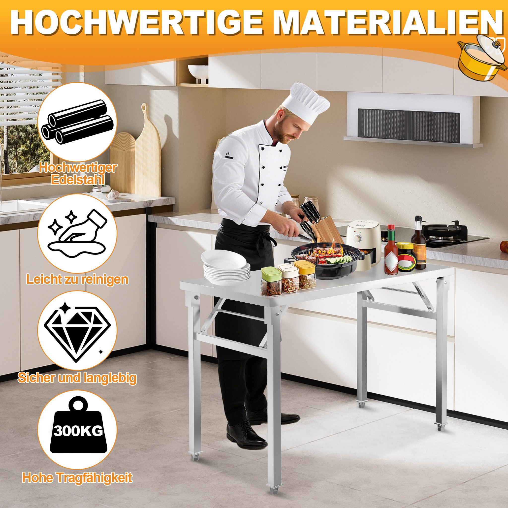 FIVMEN Arbeitstisch Edelstahltisch Klappbar Edelstahl Küchen Tisch Grilltisch Küchenplatte, Professionelle Gewerbliche Küchenarbeitsbank für Restaurant, Schule
