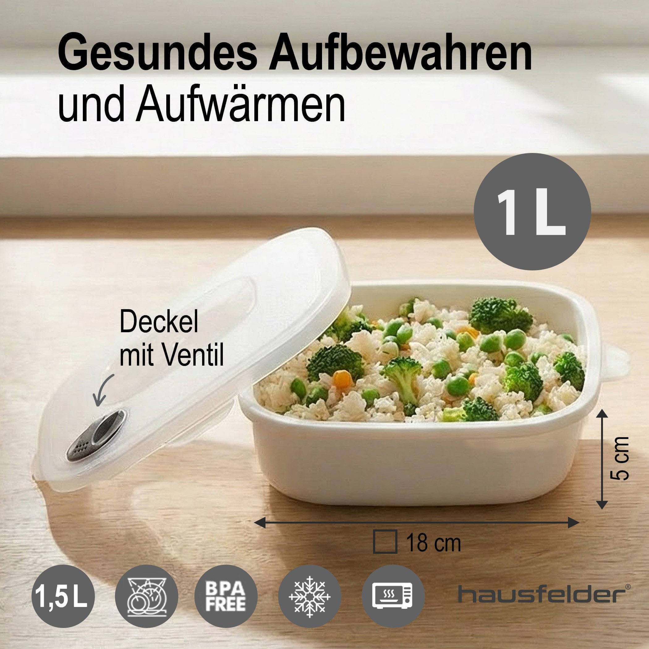 Hausfelder Mikrowellenbehälter Mikrowellentopf 2er Set, 2x 1 Liter, Mikrowellengeschirr mit Deckel, Mikrowellentopf 2 x 1 L, (2er Set, Set), BPA-freier Kunststoff, Dampfventil im Deckel