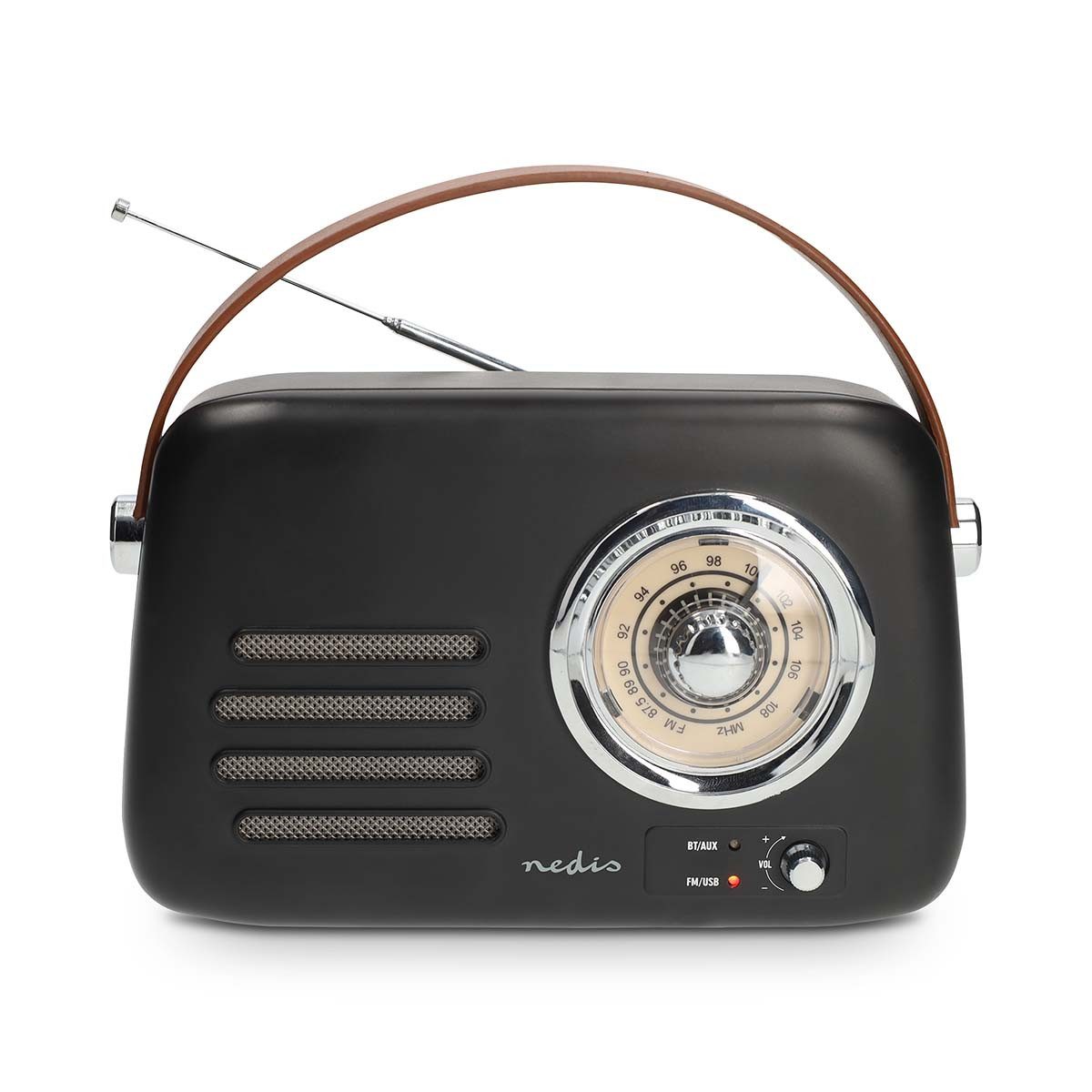 Nedis RDFM2600BK Radio (FM Radio, 10 W, Bluetooth, USB-C, AUX-In, tragbar, für flexiblen Einsatz, Holzdesign)