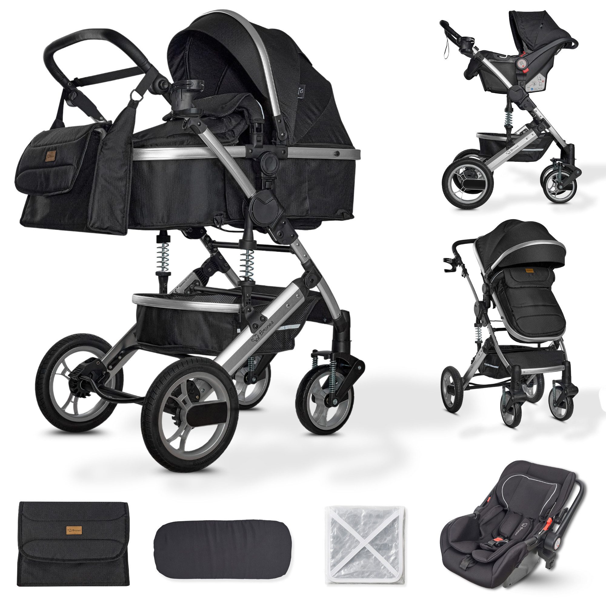 Bronea Kombi-Kinderwagen EXQUISE 2.0 Коляски 3in1 mit MATRATZE, BUGGY & AUTO-BABYSCHALE, NEUES HOCHWERTIGES MODELL,Wickeltasche,Regen-, Mücken- & Sonnenschutz