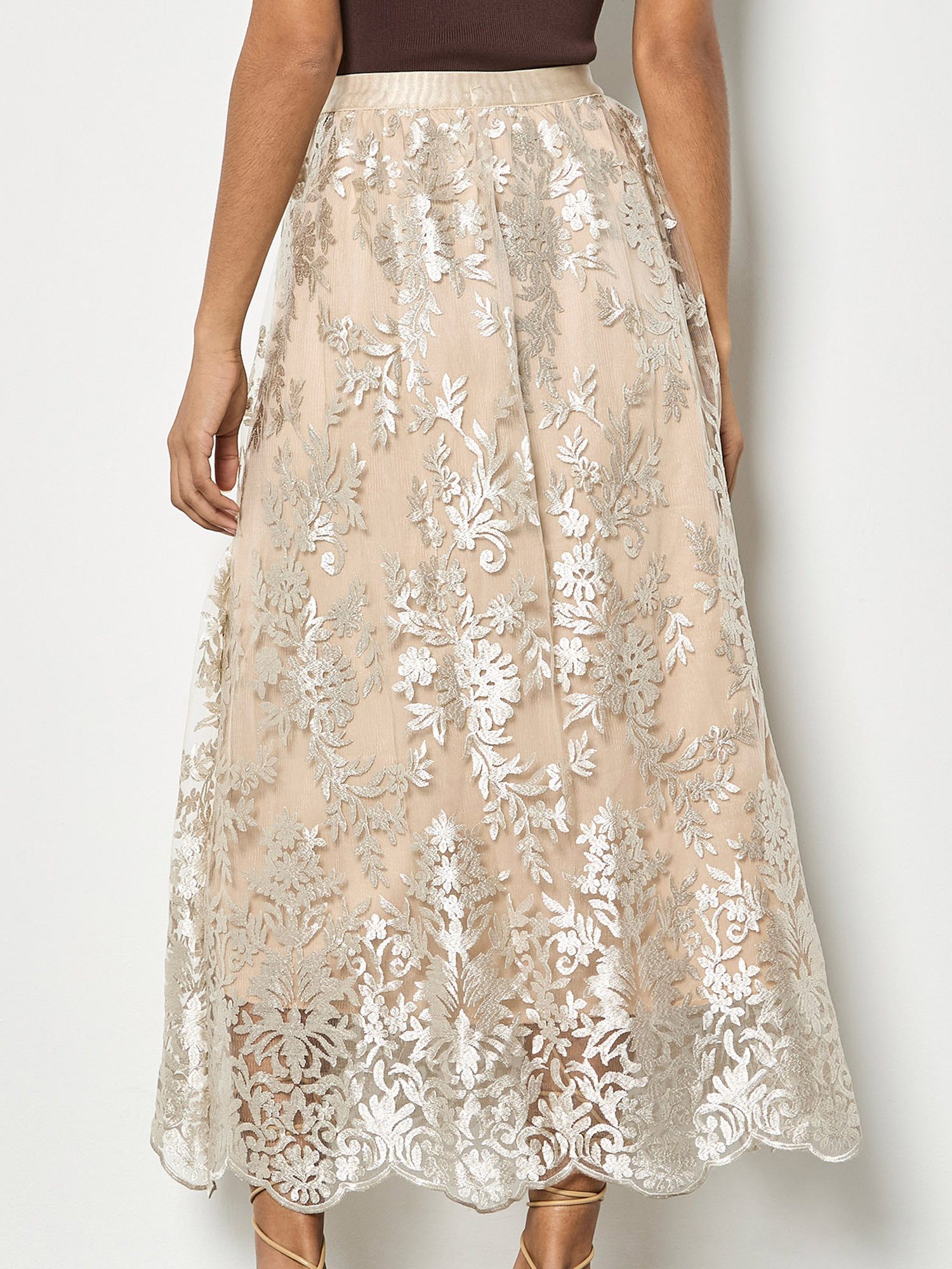 Apricot Midirock Midi-Rock aus schimmerndem Mesh mit Blumenstickerei – Bild 4 von 5
